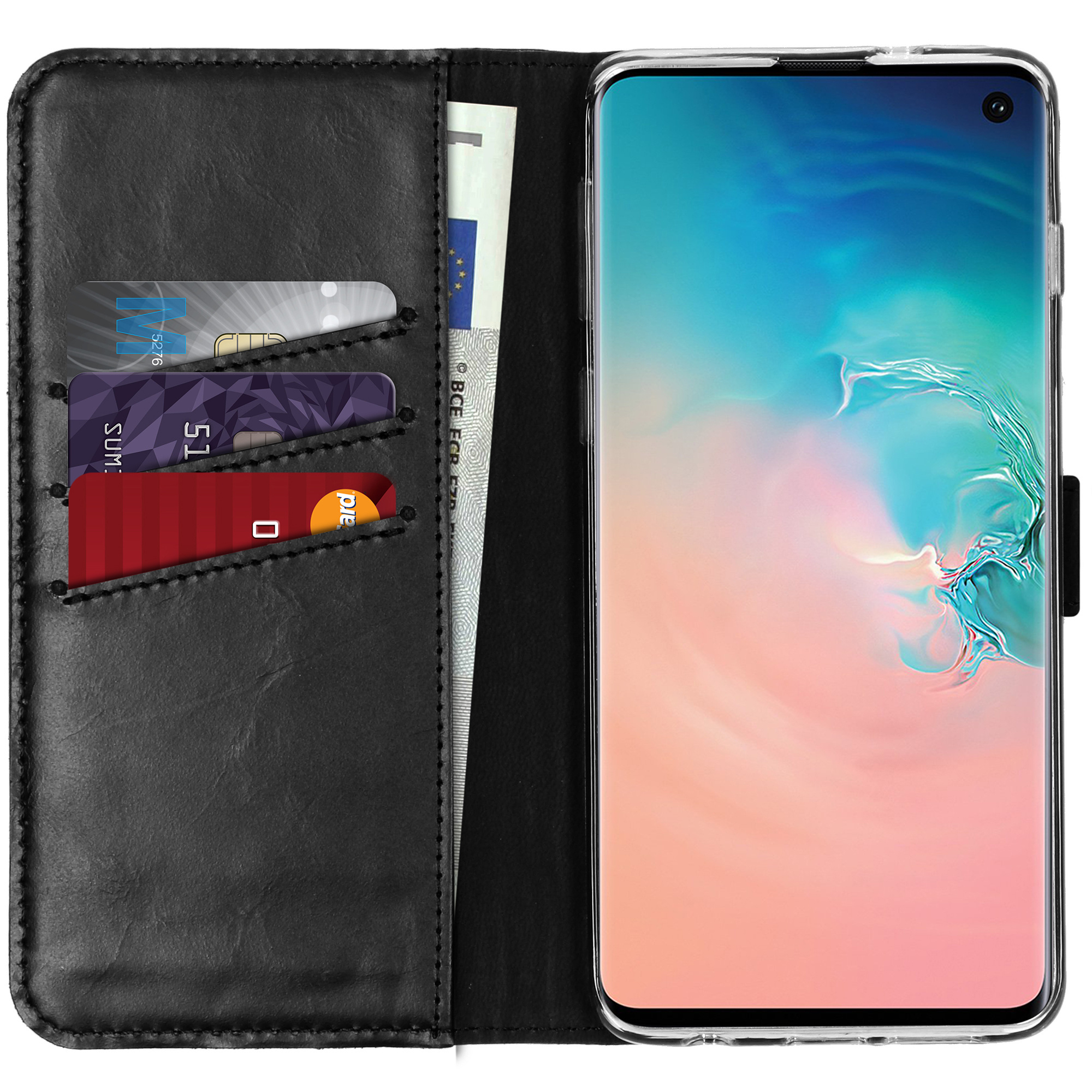 Zwarte portemonneehoes met kaarten en contant geld. Rechts staat een telefoon. Kaarten: zilver, paars en rood. Contant geld: een eurobiljet.