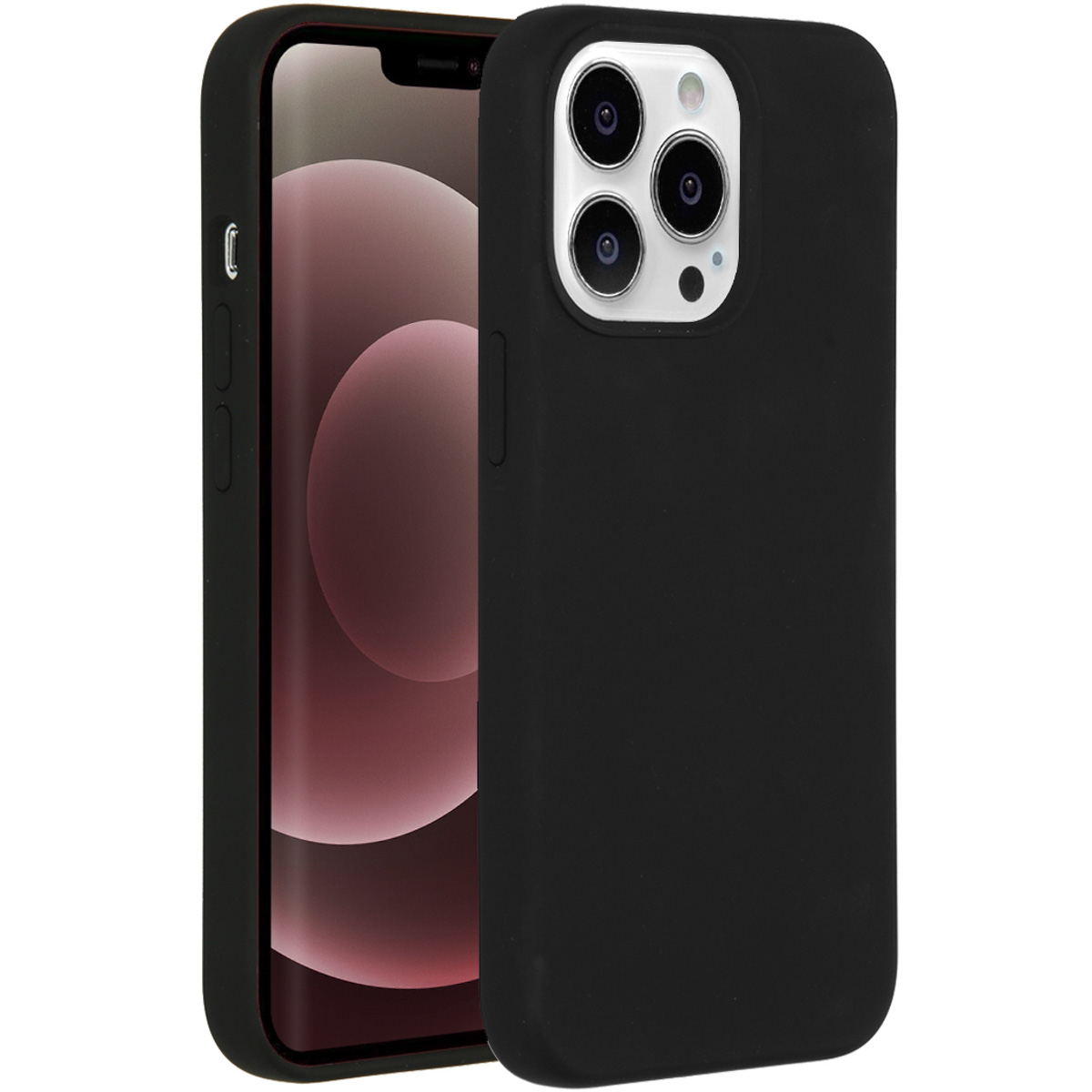 iPhone noir avec étui noir. Le téléphone possède un appareil photo à trois objectifs. Le fond est blanc.