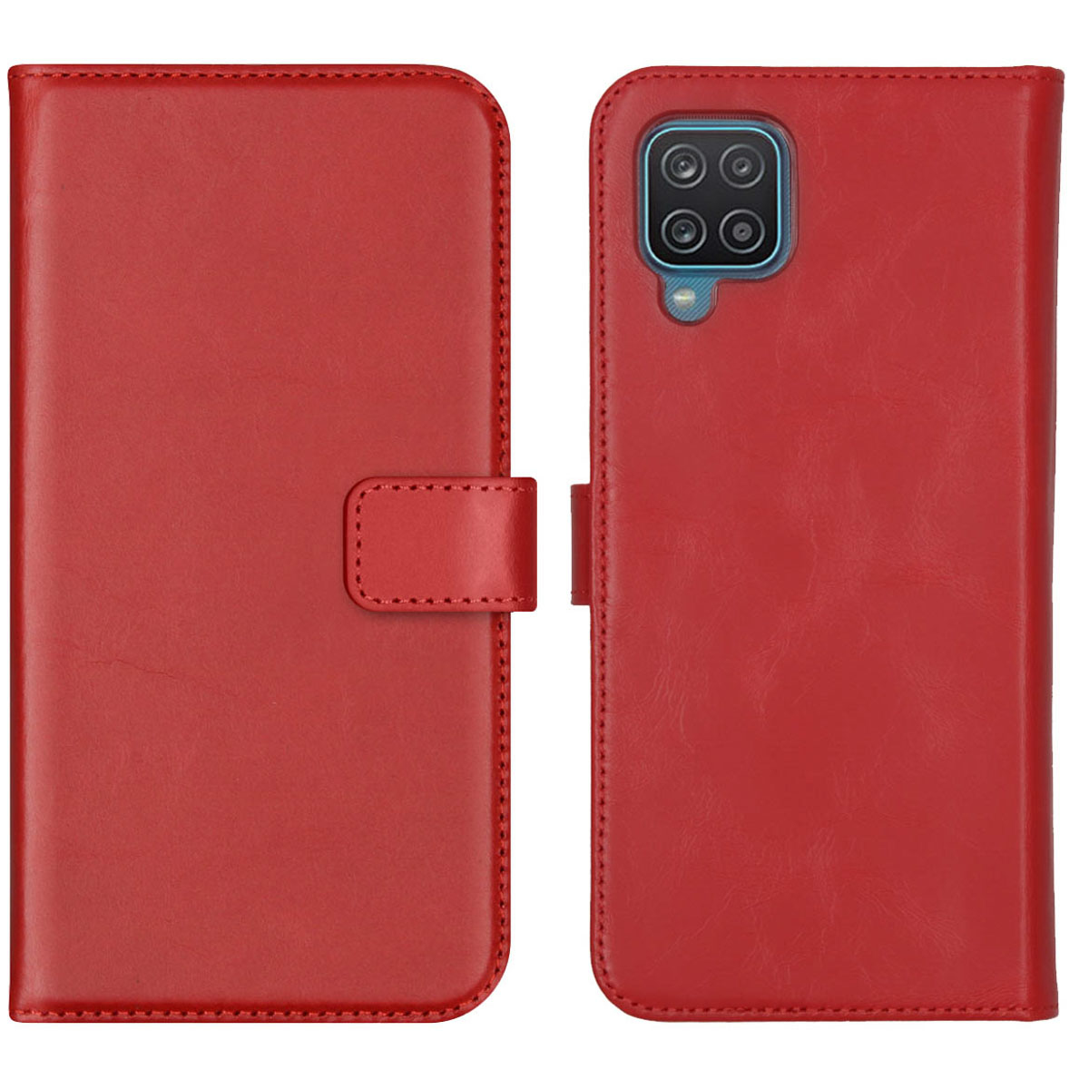 Rode lederen telefoonhoes open. De linkerkant heeft een flap met magneetsluiting. De rechterkant heeft de telefoon met de camera.