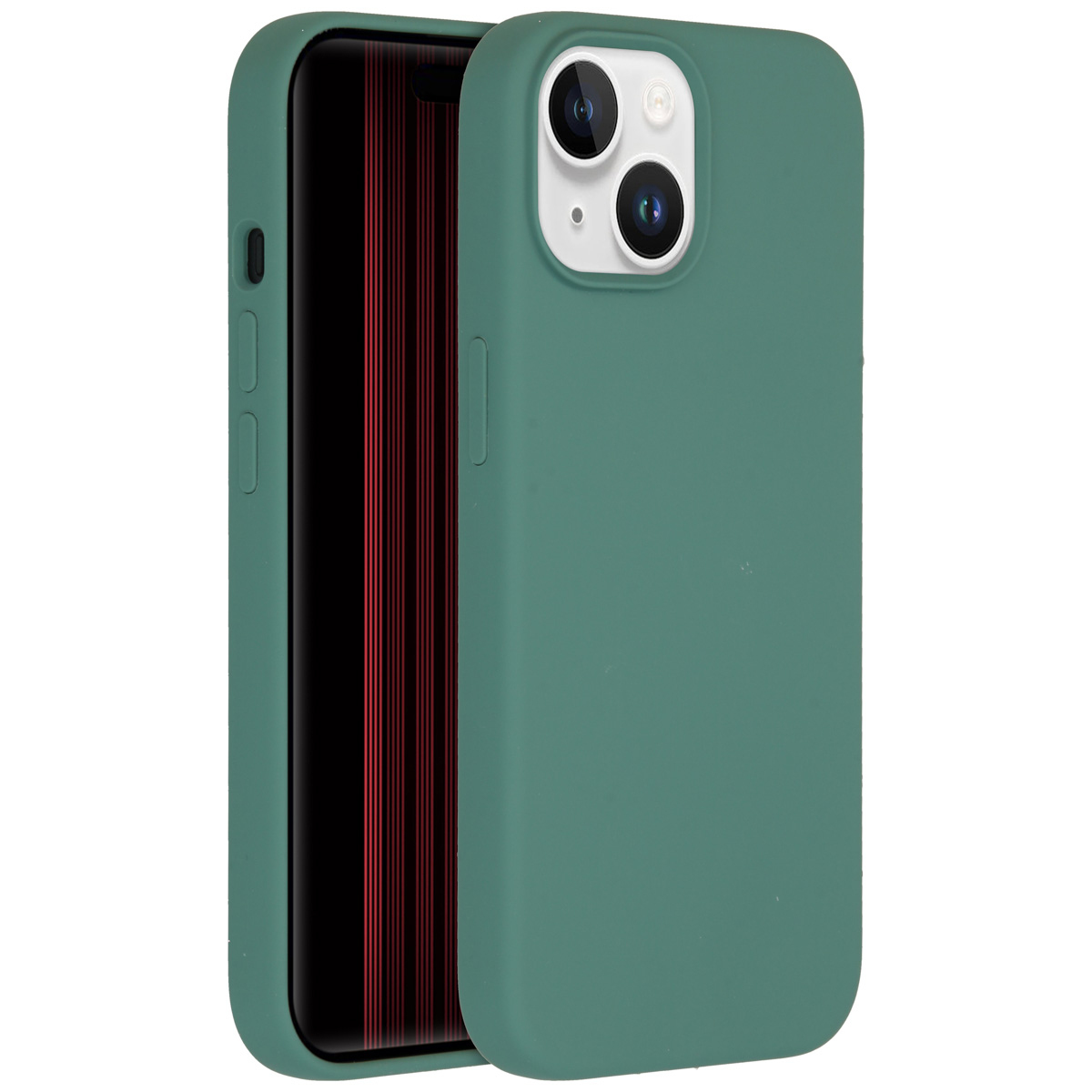Een groene telefoonhoes met een telefoon erin. Het telefoonscherm is zwart met rode lijnen. De hoes heeft cameragaten.