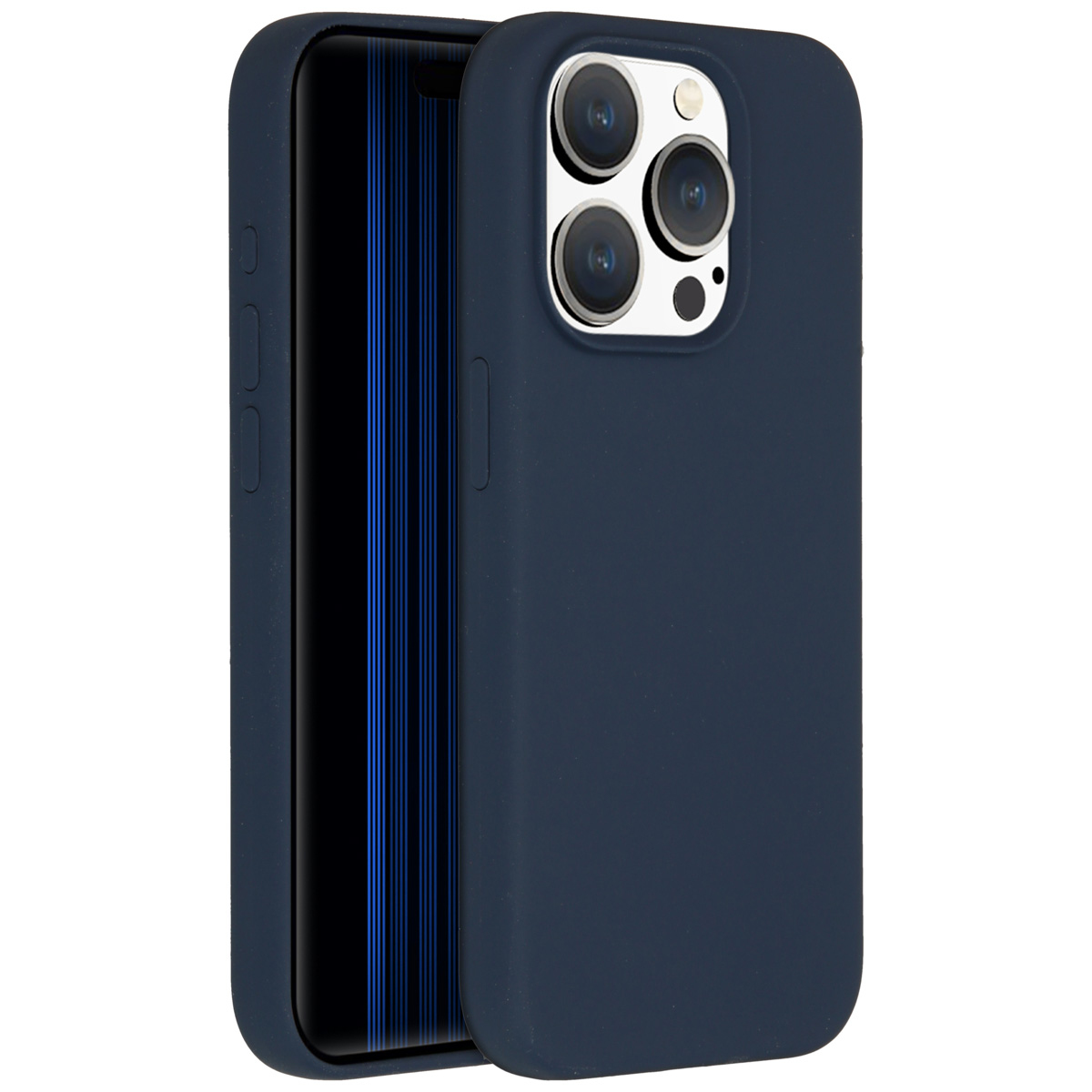 Een marineblauwe telefoonhoes staat naast de telefoon. Het telefoonscherm heeft blauwe lijnen. De camera van de telefoon is zichtbaar.