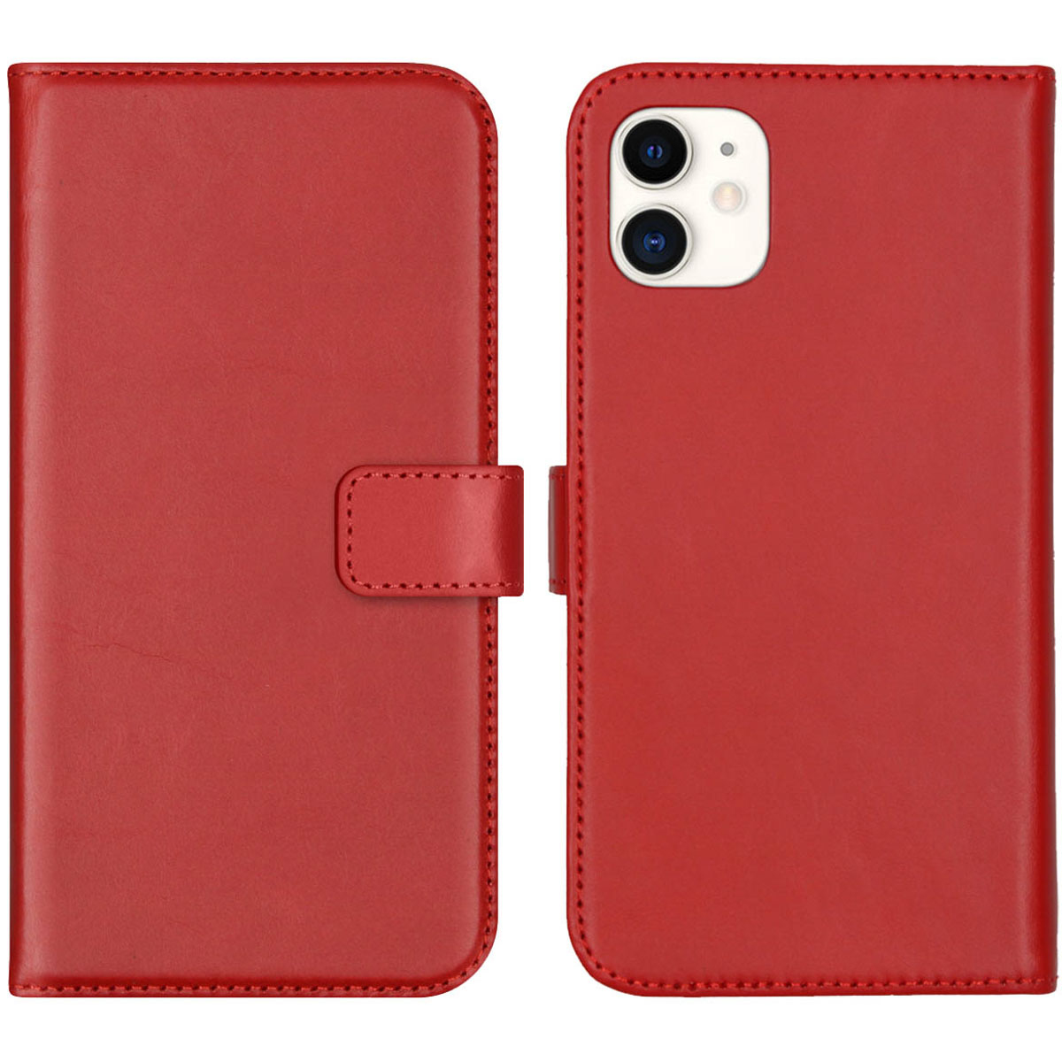 Un étui de téléphone en cuir rouge, ouvert. Il a un rabat et une fermeture magnétique. Le dos montre les lentilles de la caméra.