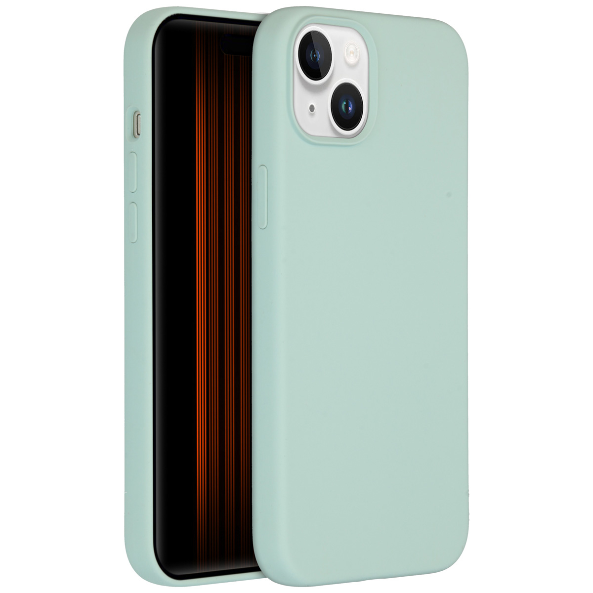Twee smartphones, één gedeeltelijk zichtbaar, beide in lichtgroene hoesjes. Het zichtbare scherm toont verticale oranje lijnen.