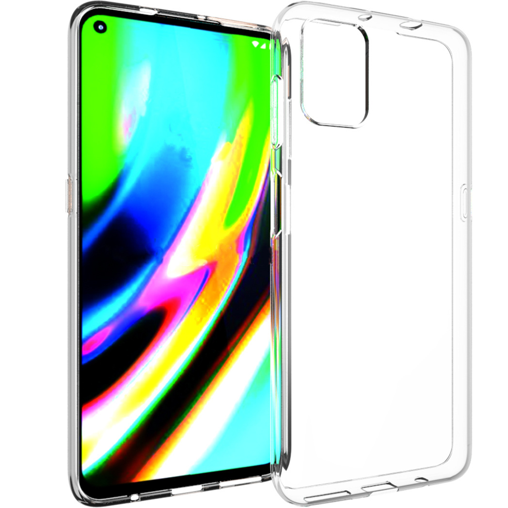 Un smartphone avec un écran coloré à côté d'une coque transparente. L'écran affiche de l'art abstrait vibrant.