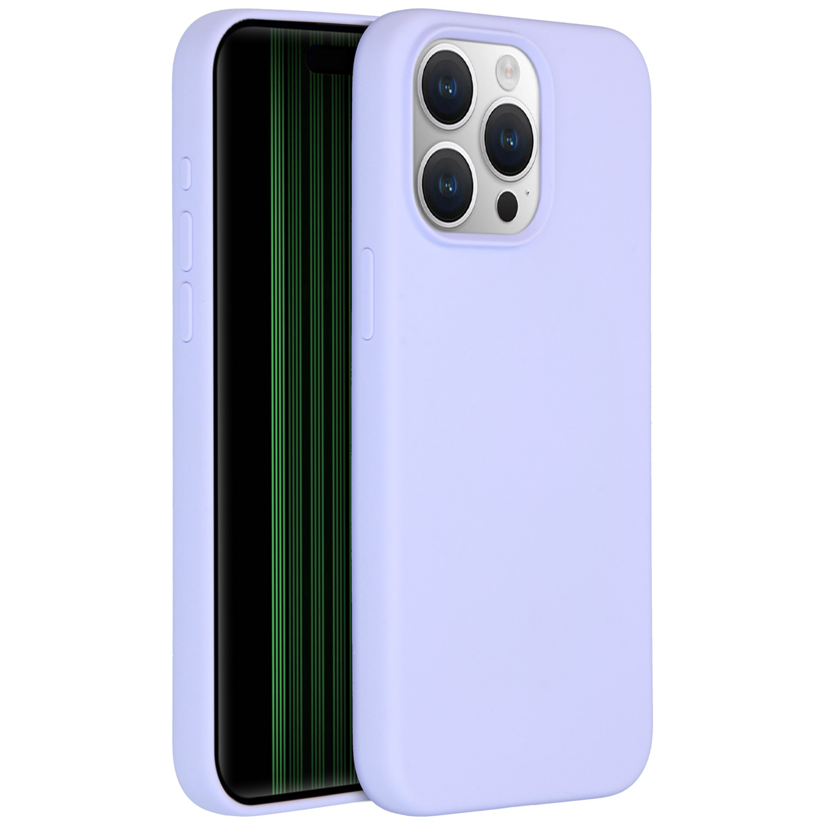 Een lavendelkleurige telefoonhoes met een zwart scherm met groene lijnen. De telefoon heeft drie cameralenzen.
