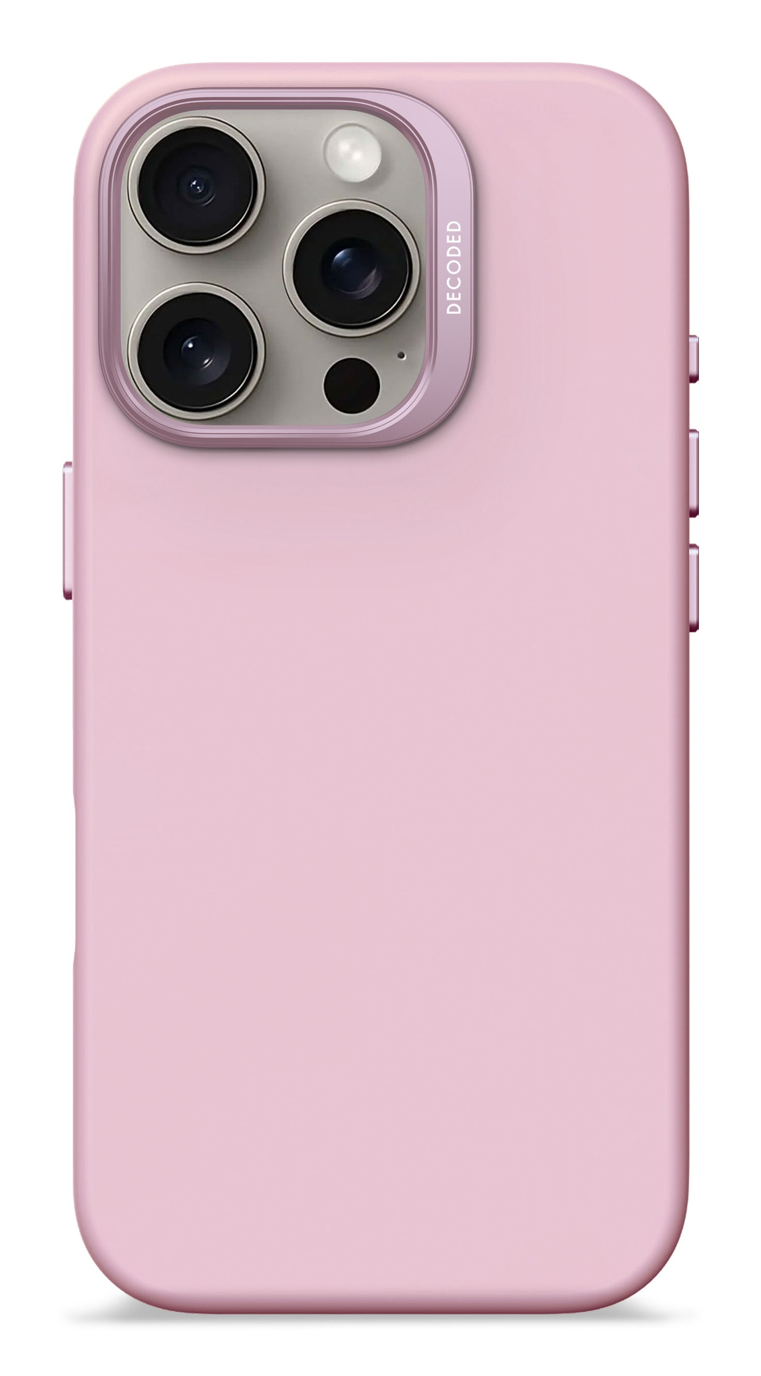 Een roze telefoonhoesje met drie cameralenzen, een flitser en een knop aan de zijkant. Op de hoes staat "DECODED".