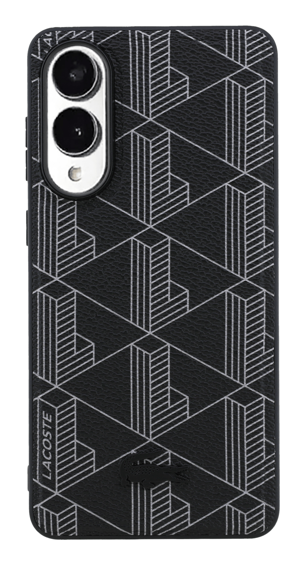 Funda negra para teléfono con líneas geométricas blancas. Cuenta con una cámara y el logo de Lacoste. Emblema de cocodrilo en la parte inferior.