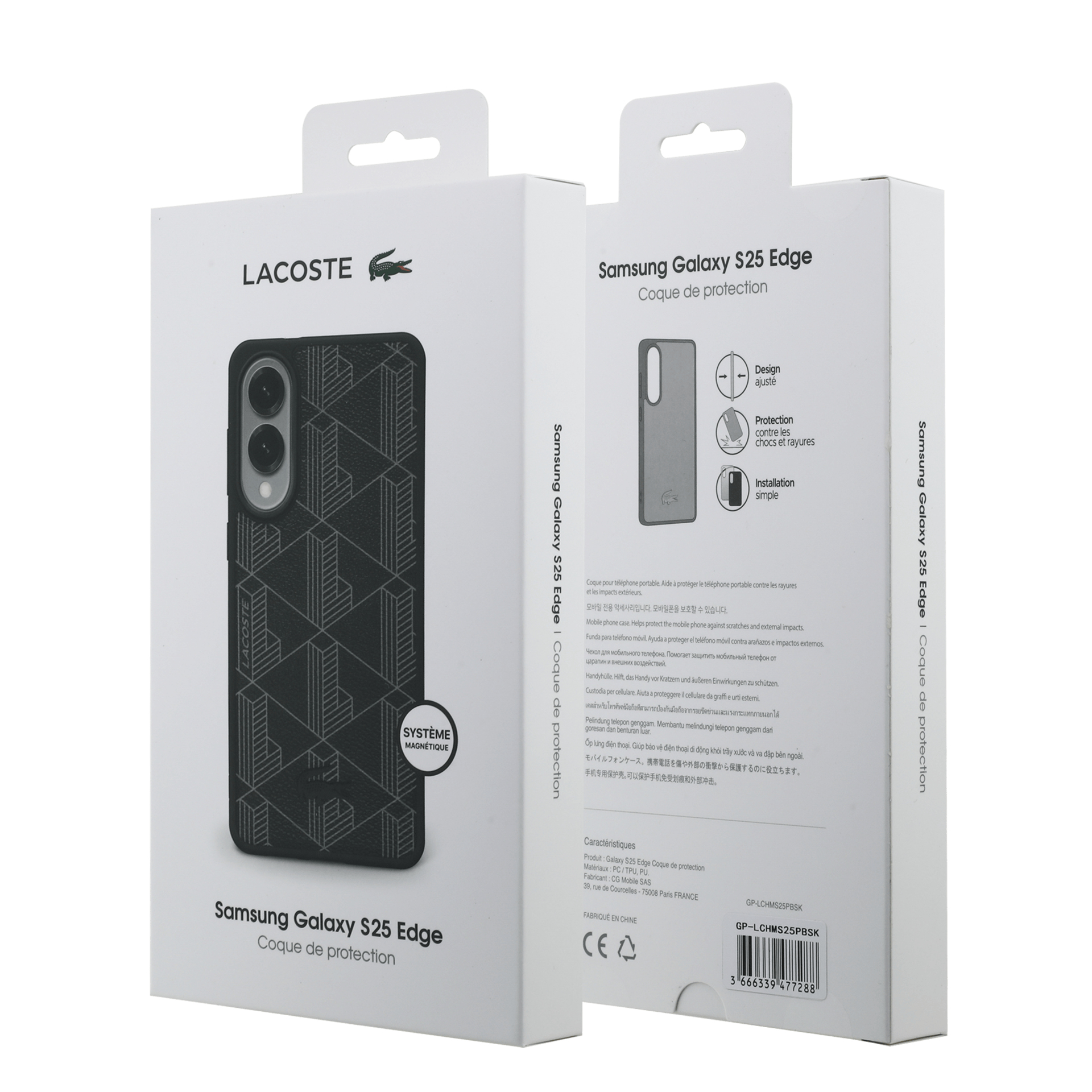 Caja de funda para teléfono con logo Lacoste. Para Samsung Galaxy S25 Edge. La funda es negra con diseño geométrico.