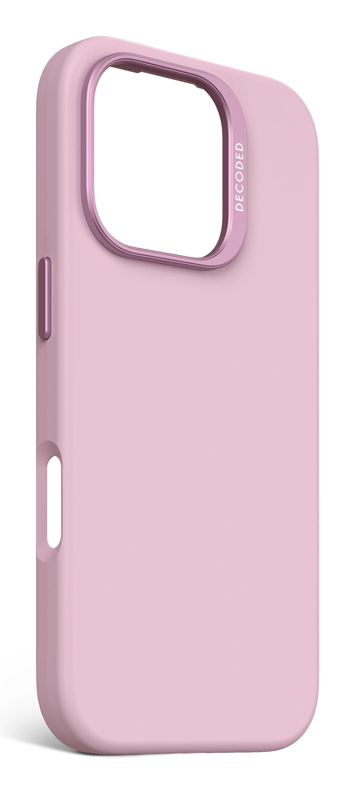 Een roze telefoonhoesje met een camera-uitsparing en een zijkantknop. De merknaam 'DECODED' is zichtbaar.