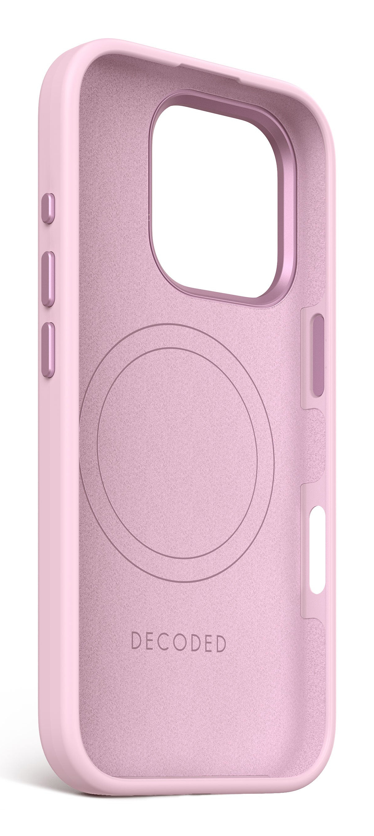 Close-up van een roze telefoonhoesje met een uitsparing voor de camera. De binnenkant heeft een textuur.
