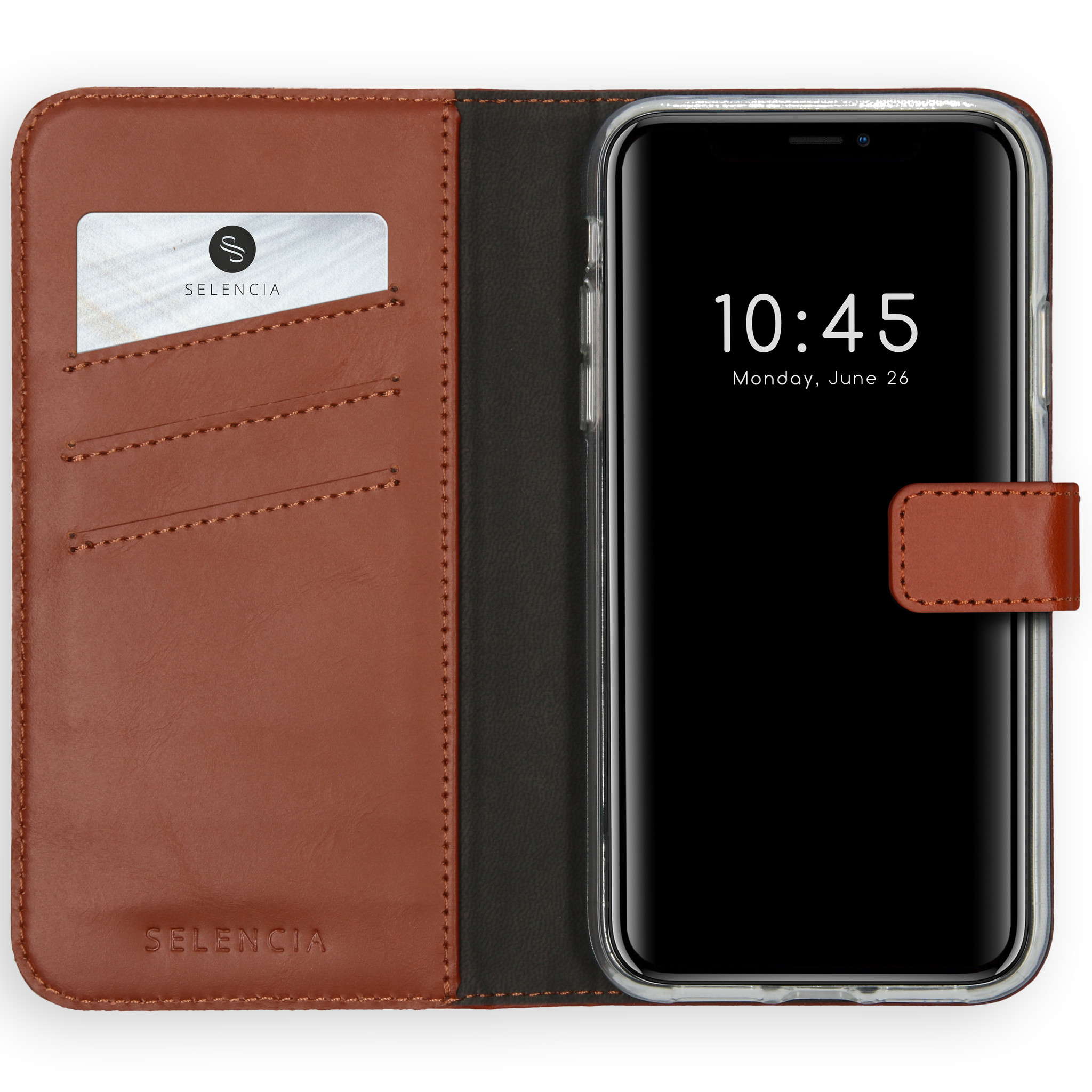 Étui de téléphone en cuir marron avec un téléphone. Le téléphone affiche l'heure : 10h45 le lundi 26 juin. Carte dans l'étui.