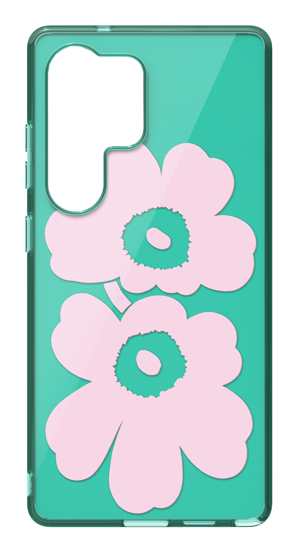 Eine Handyhülle mit zwei rosa Blumendesigns auf türkisblauem Hintergrund. Die Hülle hat einen transparenten Rahmen.