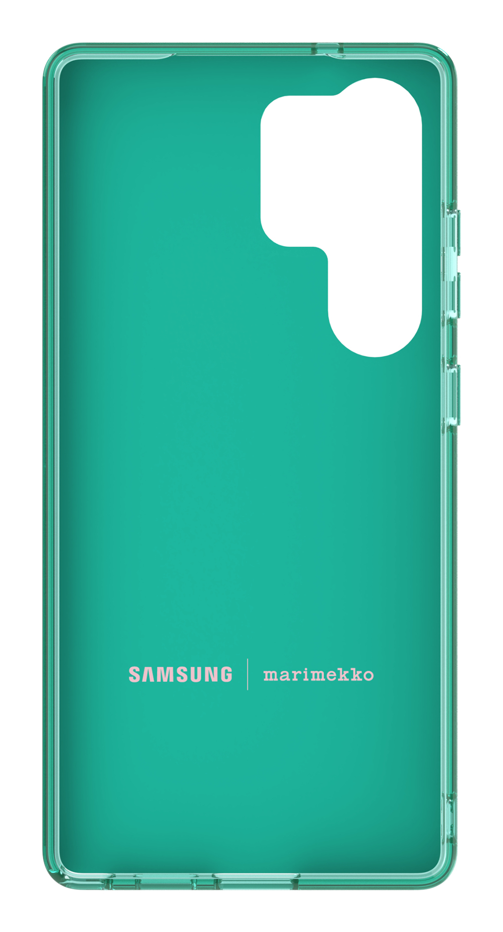 Eine klare, tealfarbene Handyhülle mit weißem Ausschnitt und rosa Text: SAMSUNG | marimekko. Die Hülle hat einen transparenten Rand und Knöpfe.