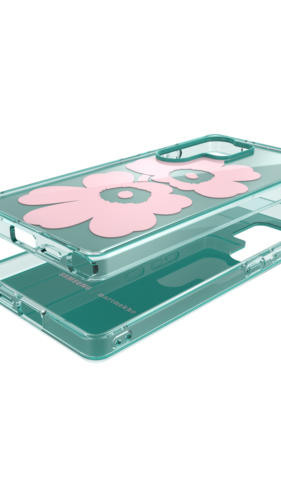 Transparente Handyhülle mit pinkfarbenem Blumendesign. Die Hülle ist grün und trägt den Aufdruck 'SAMSUNG marimekko'.