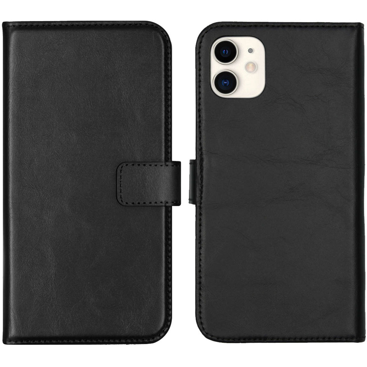 Étui de téléphone en cuir noir, ouvert. Le côté gauche est fermé, le droit révèle un téléphone avec caméra. Une languette fixe l'étui.