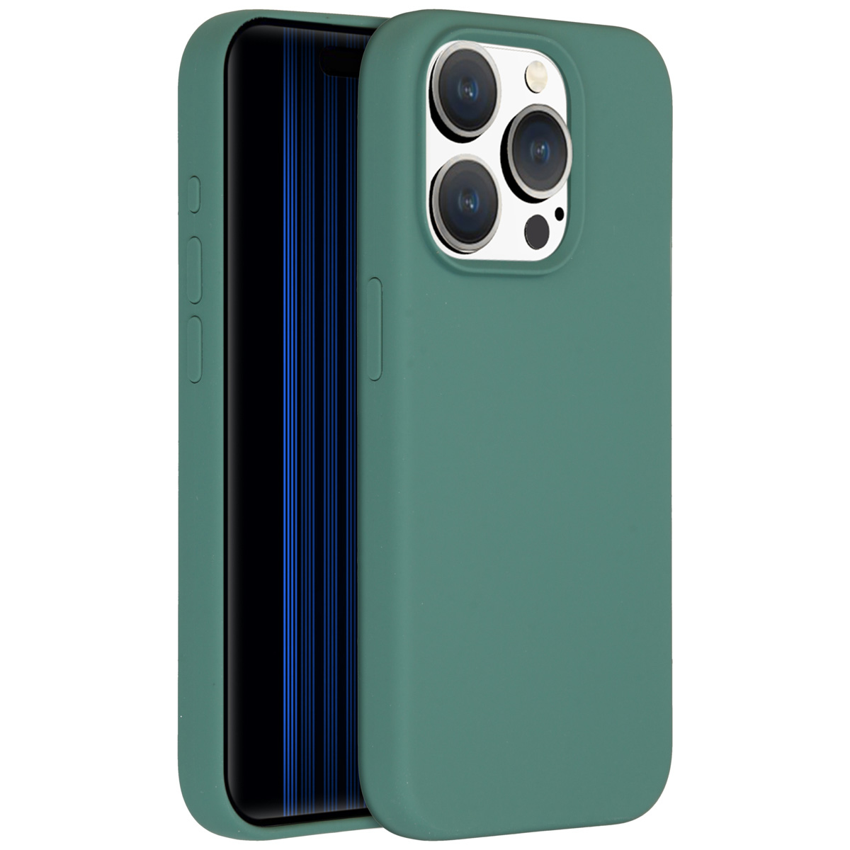 Een groene telefoonhoes met een telefoon erin. Het scherm van de telefoon is zwart, met blauwe lijnen. De hoes heeft uitsparingen voor de camera.