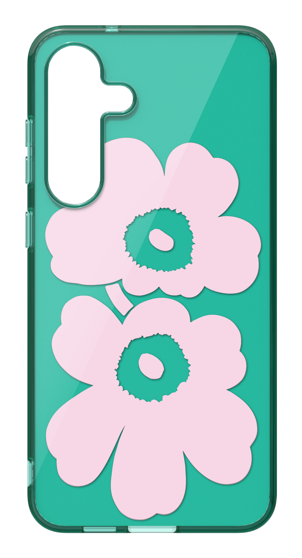 Una custodia per telefono con due motivi floreali rosa su sfondo verde acqua. La custodia è trasparente con bordo verde.