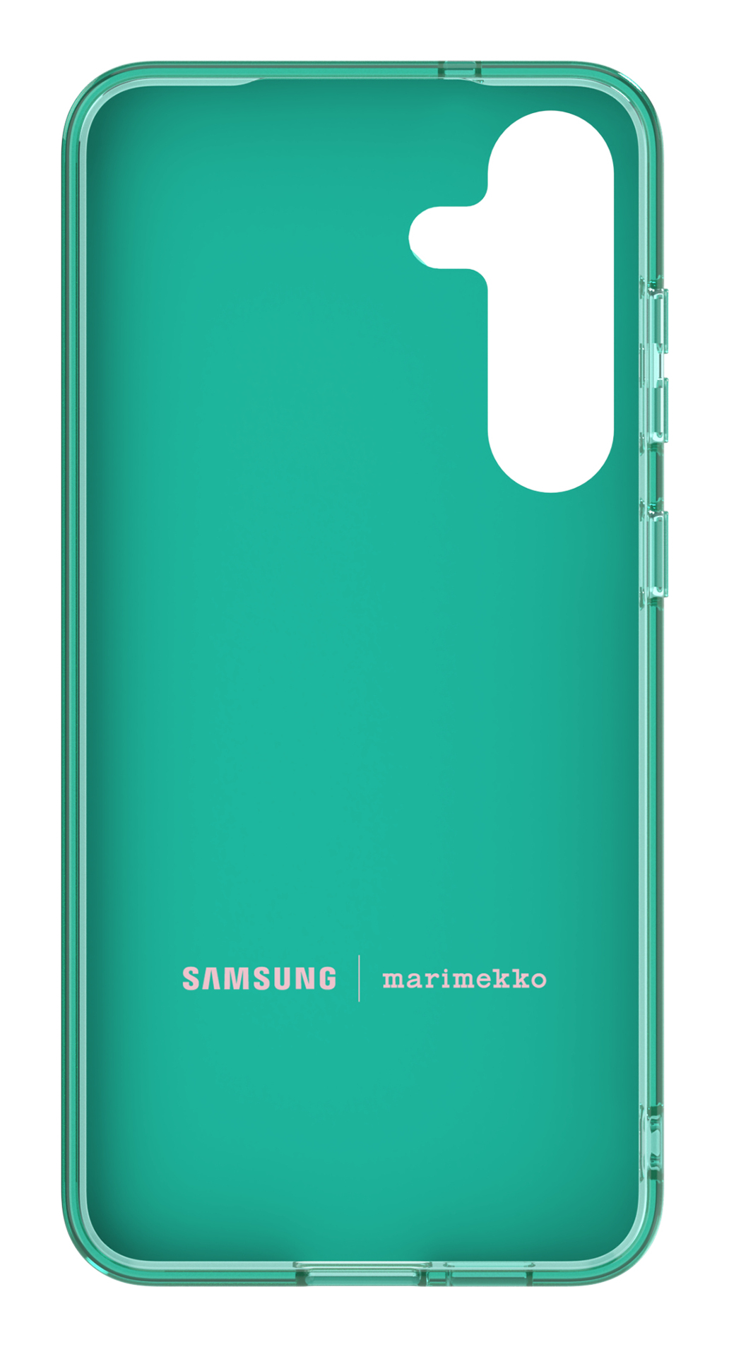 Una custodia verde per telefono Samsung con marchio Marimekko. Ha un ritaglio per la fotocamera e pulsanti laterali. La custodia è trasparente.