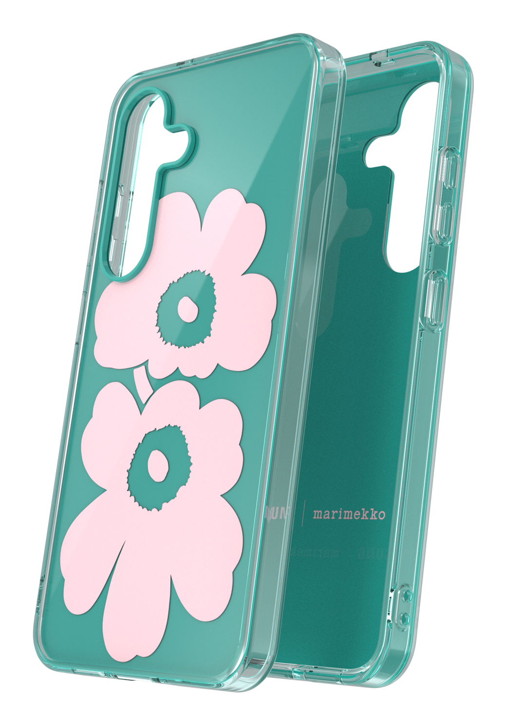 Custodia trasparente per telefono con due disegni di fiori rosa su sfondo turchese. Il marchio 'marimekko' è visibile.