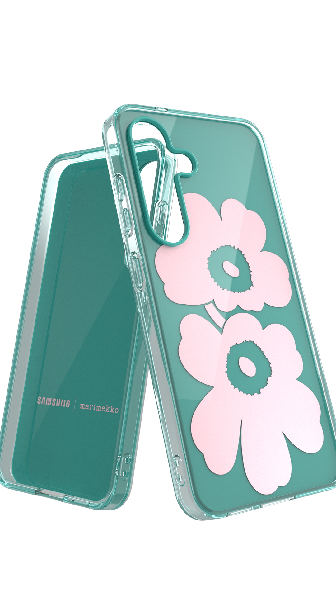 Una custodia per telefono con due disegni di fiori rosa. La custodia è trasparente con sfondo turchese. Samsung e Marimekko sono visibili.