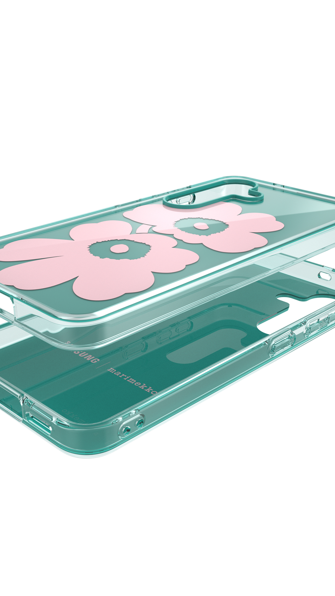Una custodia trasparente per telefono con disegni floreali rosa, con sfondo verde acqua. La custodia ha una cornice trasparente ed è stratificata.