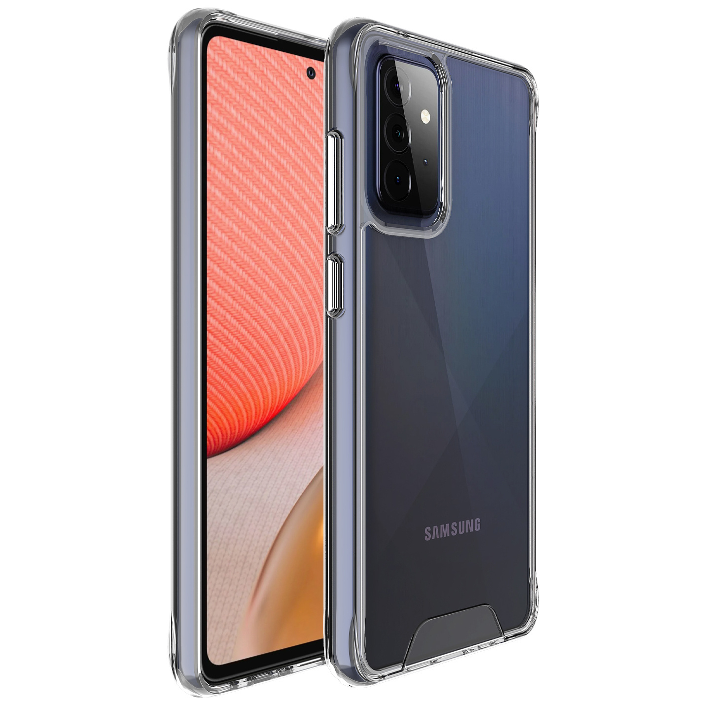 Transparante telefoonhoes op een Samsung-telefoon. De telefoon heeft een rood patroon scherm en een donkerblauwe achterkant met het Samsung logo.