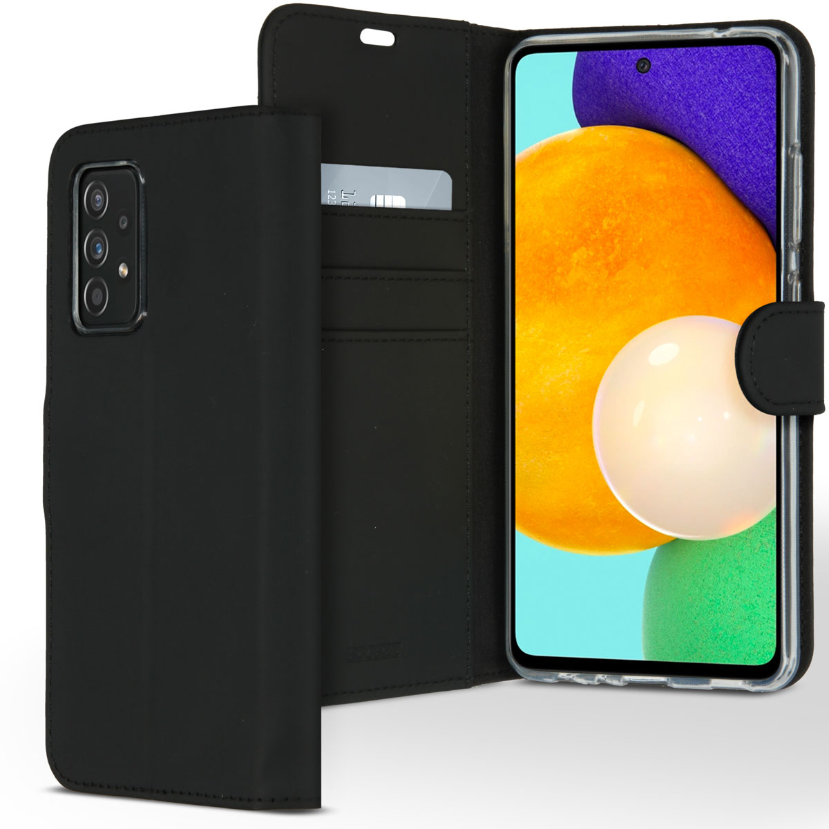 Zwarte telefoonhoes open, onthult telefoonscherm met kleurrijke abstracte kunst, creditcard in een zak. De hoes is leerachtig.