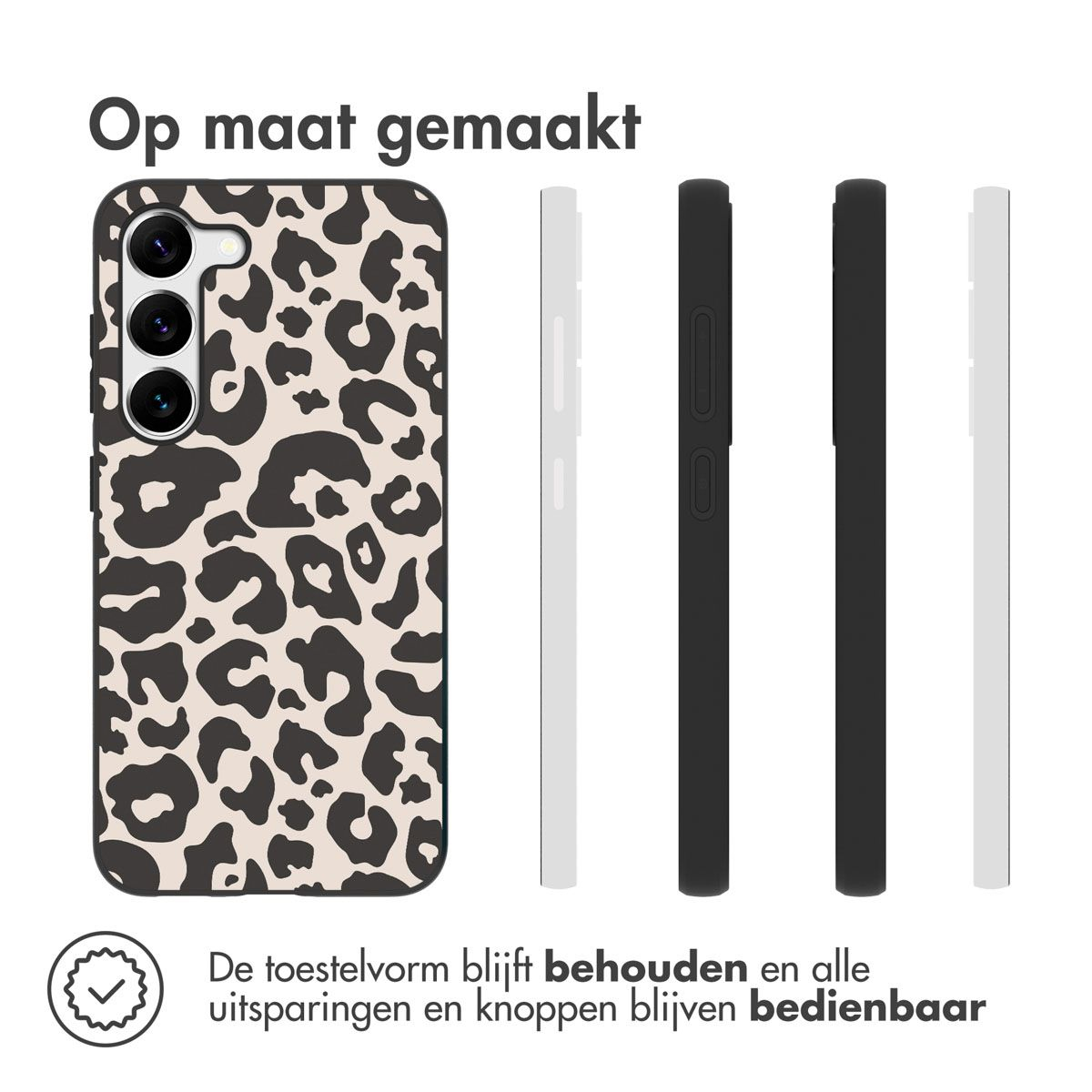 A phone case with a leopard print design. The case is next to other cases and the text 'Op maat gemaakt' is at the top.