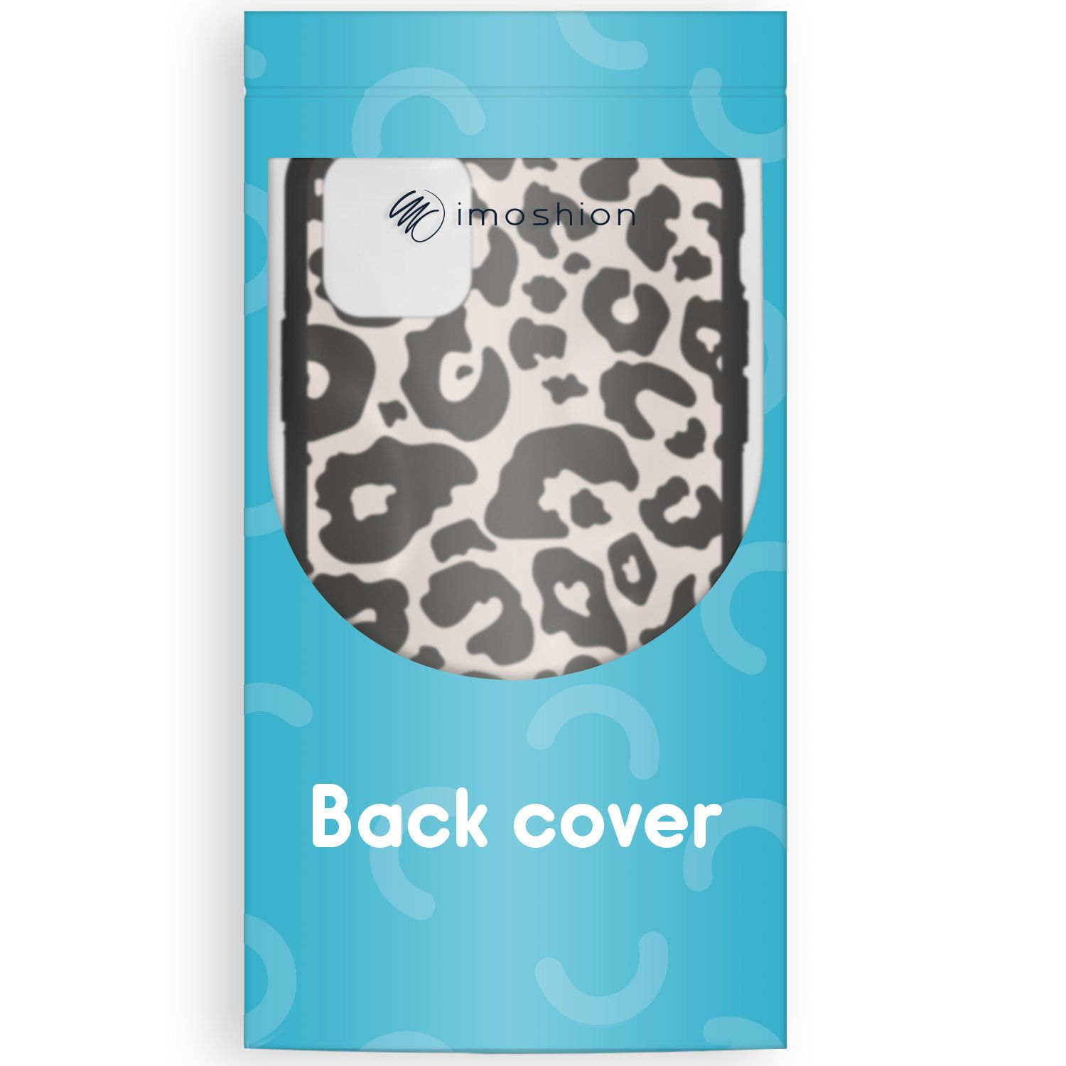 Eine Handy-Rückseite in einer türkisfarbenen Verpackung. Die Hülle hat ein Leopardenmuster. Auf der Verpackung steht "Back cover".
