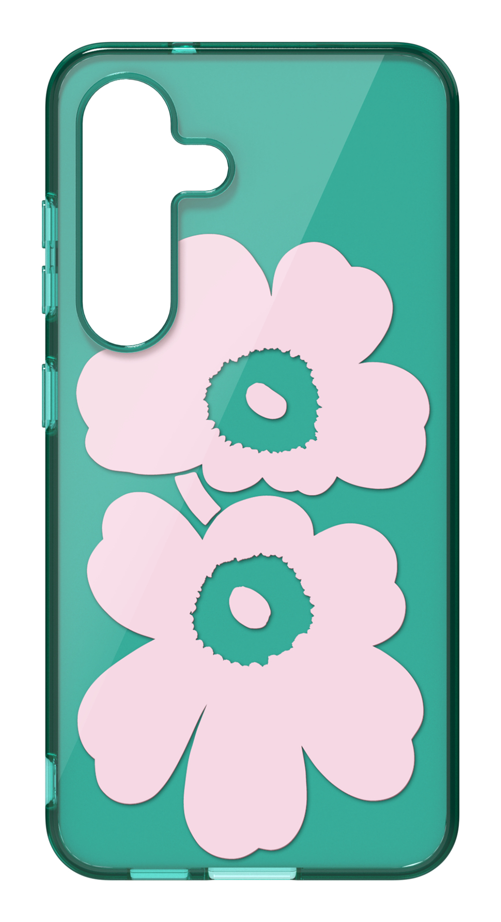 Custodia per telefono con design floreale rosa su sfondo verde acqua. La custodia ha un bordo trasparente e un ritaglio per la fotocamera.