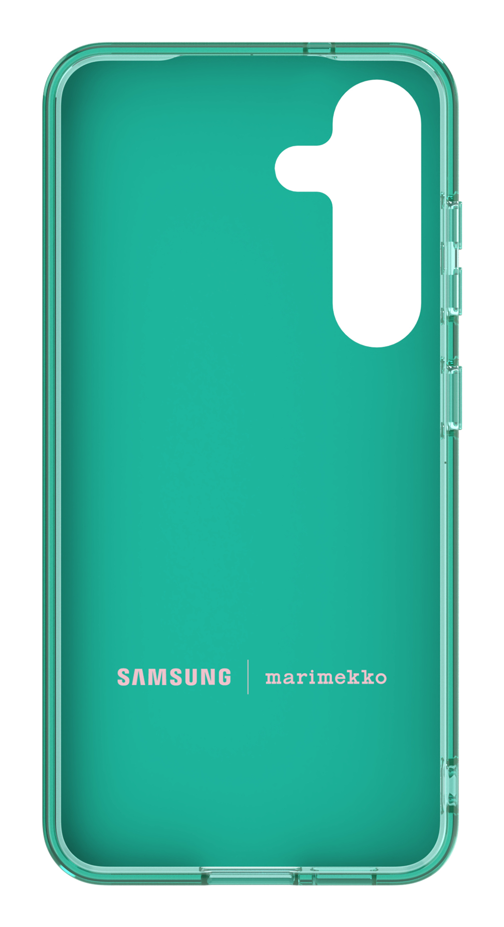 Una custodia per telefono trasparente, verde acqua, con ritagli bianchi. Presenta il testo 'SAMSUNG | marimekko'. La custodia ha dettagli di pulsanti sul lato destro.