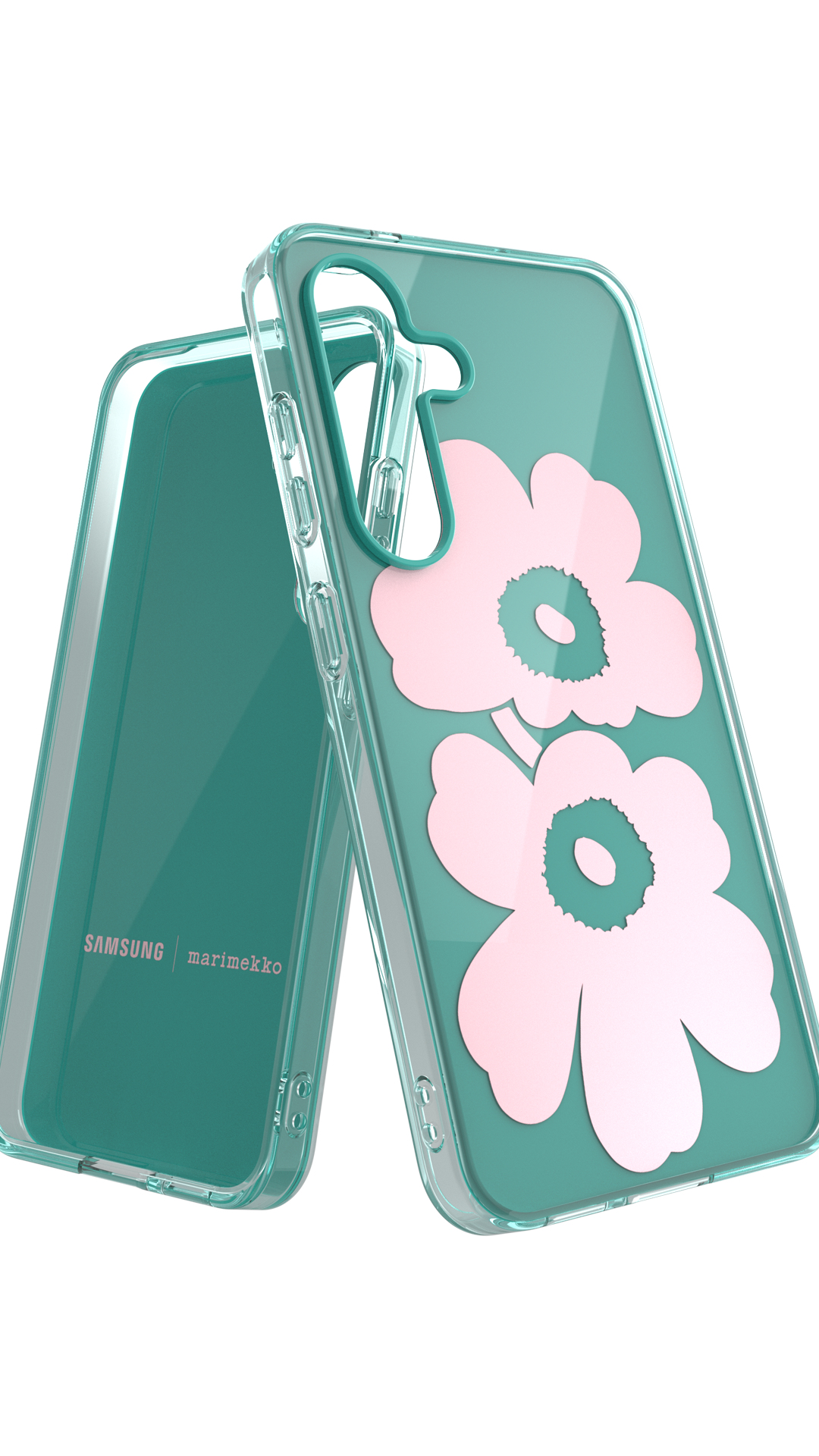 Una custodia per telefono, verde acqua con motivo floreale rosa, logo Samsung e Marimekko. La custodia è trasparente e in due parti.