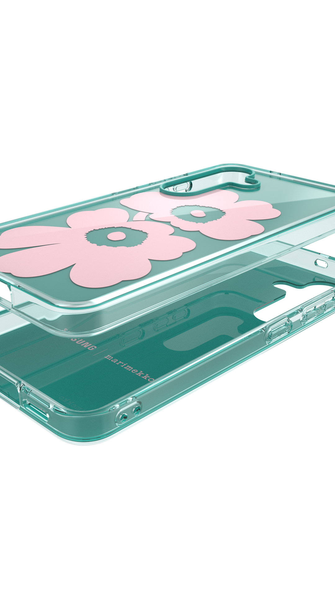 Custodia trasparente per telefono con design floreale rosa. La custodia è a strati, con sfondo verde e logo Marimekko.