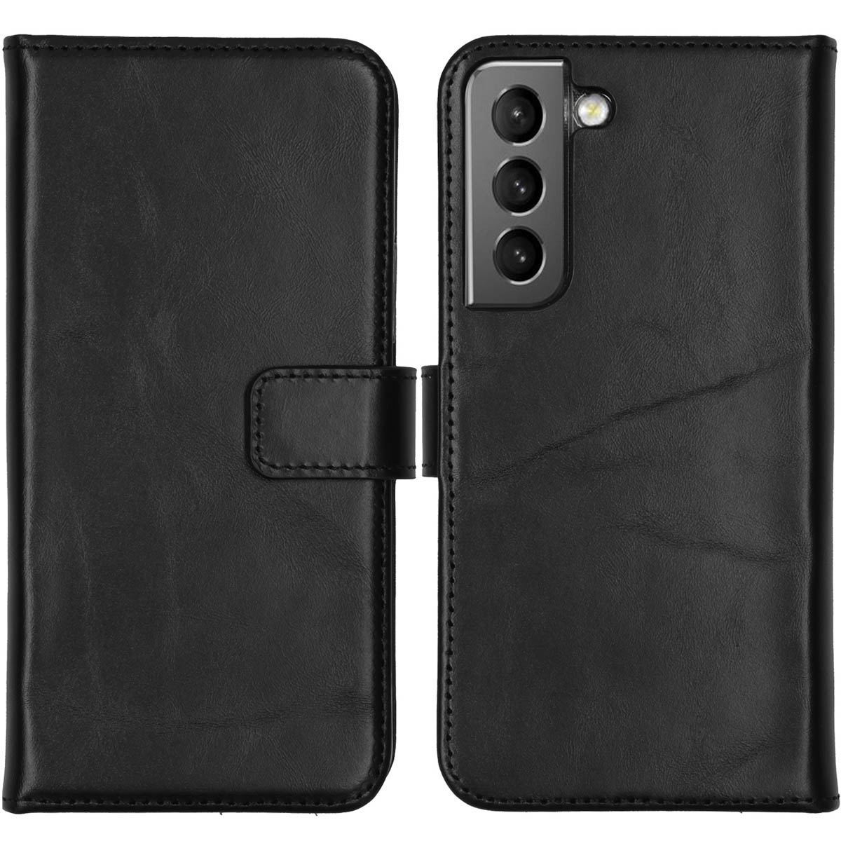 Zwarte leren telefoonhoes, met een telefoon erin. De hoes is open en toont de camera en het scherm van de telefoon.