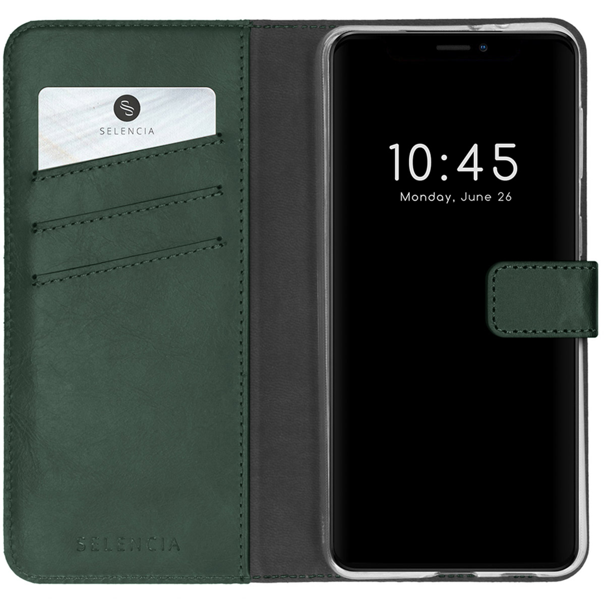 Grüne Handyhülle mit Telefon, das 10:45 Uhr am 26. Juni anzeigt. Eine Karte ist im Etui mit dem 'Selencia'-Logo sichtbar.