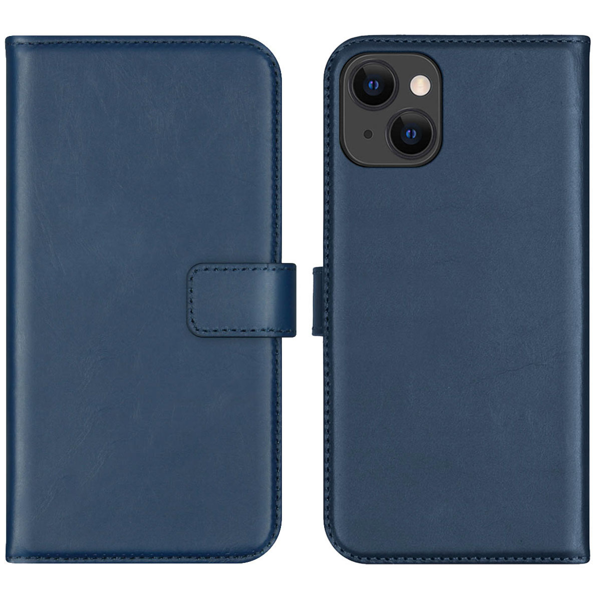 Een blauwe leren telefoonhoes, open. De linkerkant heeft een flap met magneetsluiting. De rechterkant toont de camera van de telefoon.