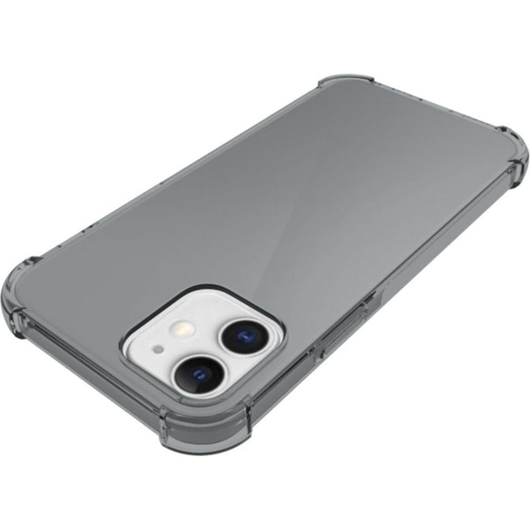Een grijze telefoonhoes met een doorzichtige bumper. De cameralenzen van de telefoon zijn zichtbaar. De hoes is iets omhoog gekanteld.