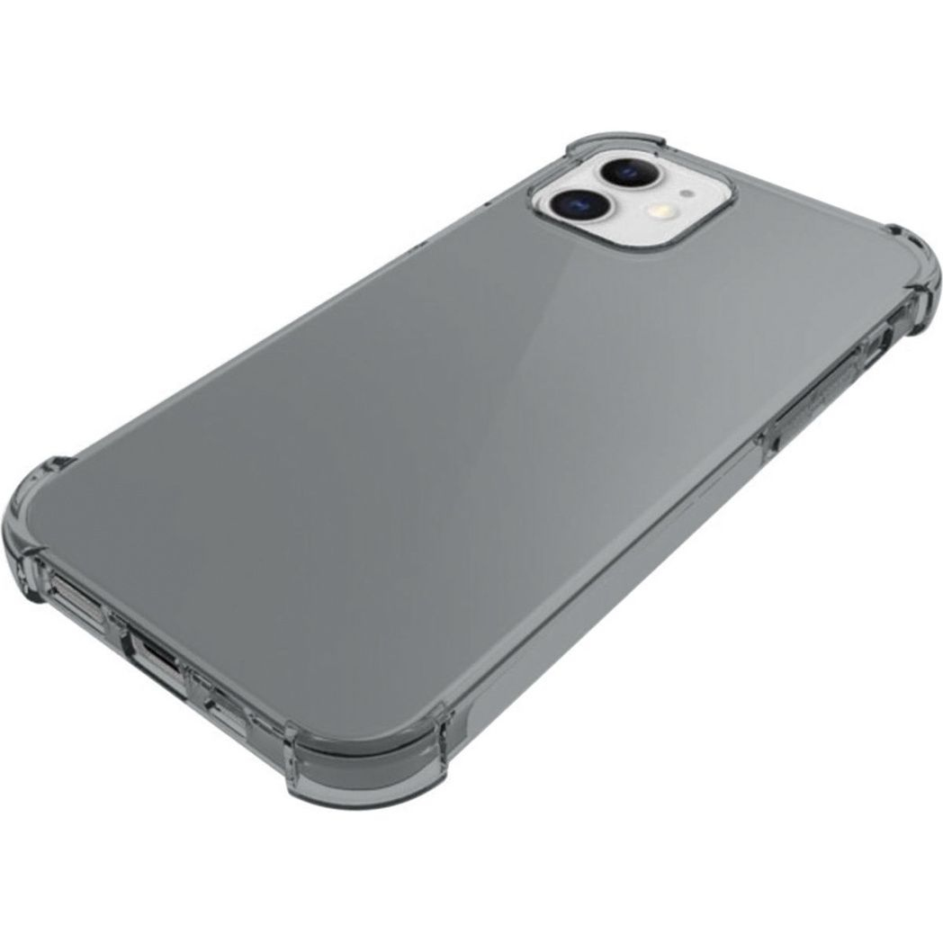 Een grijze smartphone in een doorzichtige beschermhoes. De telefoon heeft een camera met dubbele lens aan de achterkant.