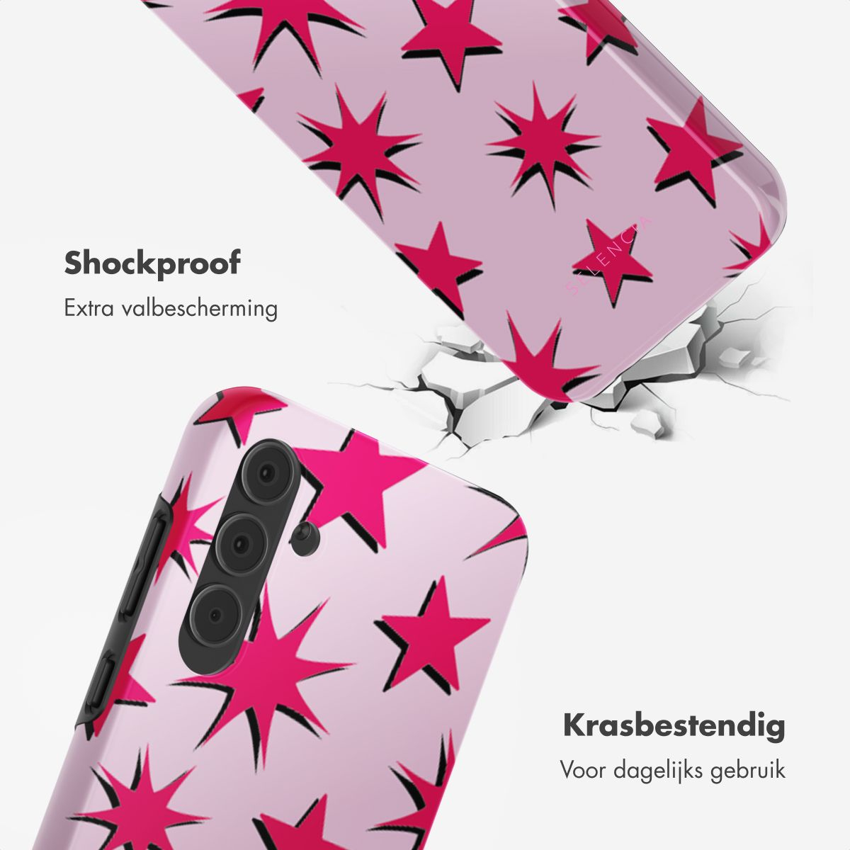 Twee telefoonhoesjes met roze sterren op een lichtroze achtergrond. Eén hoesje valt en breekt de grond. Tekst: 'Schokbestendig'.