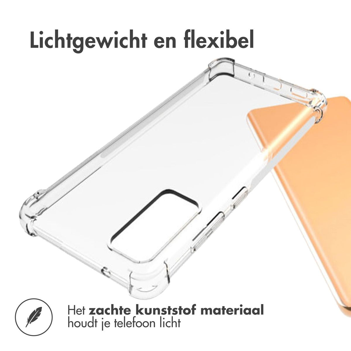 Transparante telefoonhoes, licht en flexibel, met tekst. Zacht kunststof materiaal houdt uw telefoon licht. Een veerpictogram links.