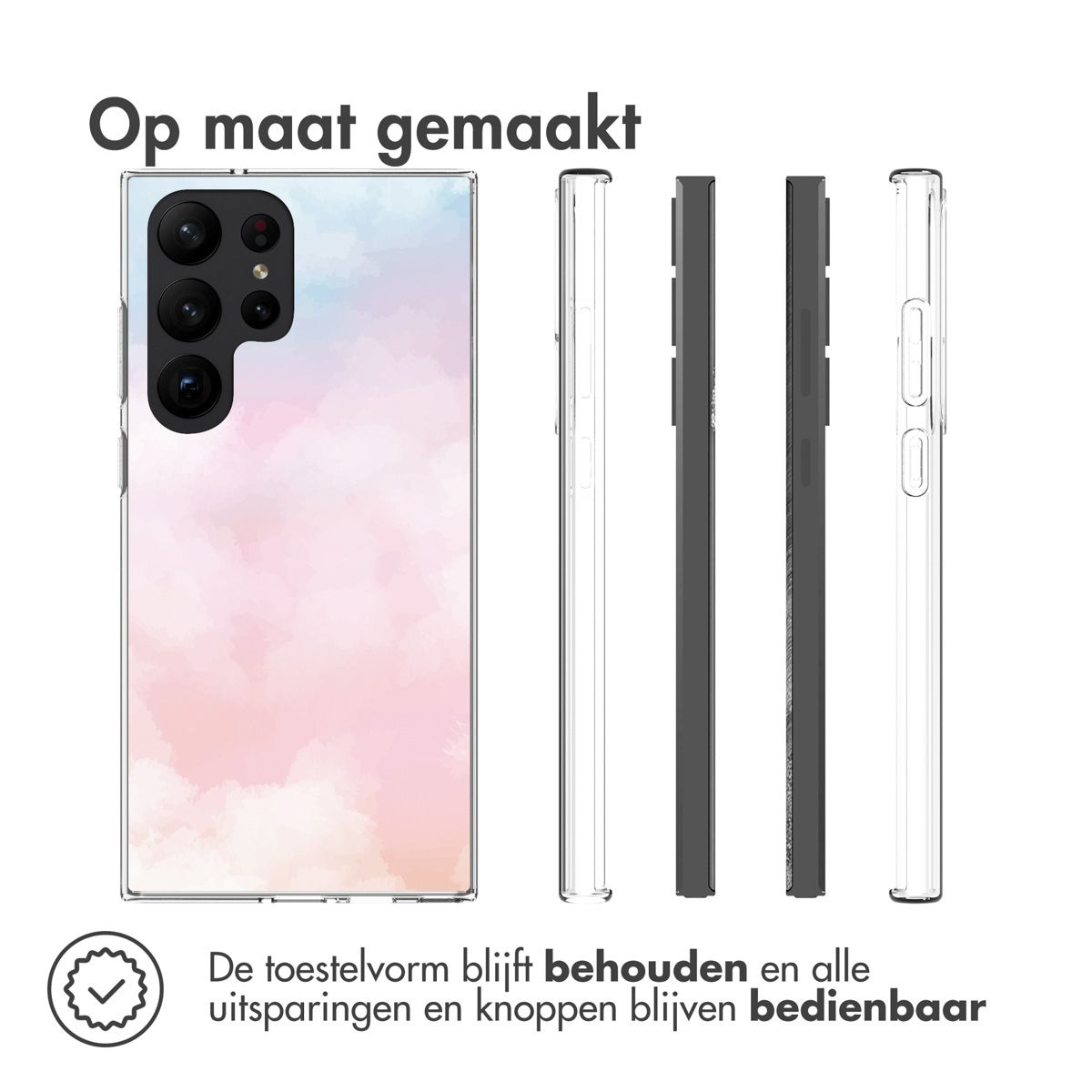 Das Bild zeigt Handyhüllen. Eine Handyhülle mit rosa Himmelsdesign und drei weitere Hüllen daneben in verschiedenen Farben und Designs.