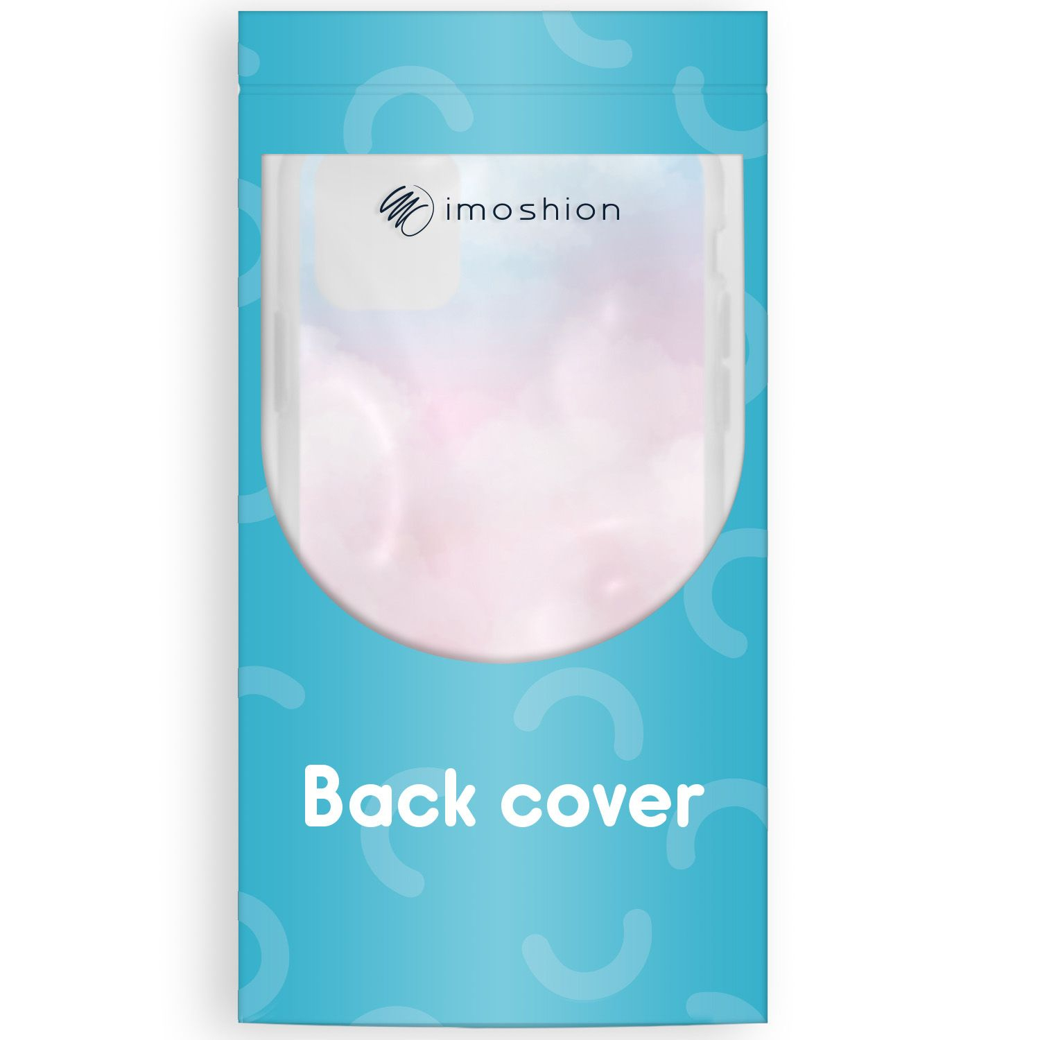 Eine Verpackung mit blauem Hintergrund und den Worten 'Back cover'. Die Hülle hat eine weiße Mitte mit Logo und rosa/weißem Design.