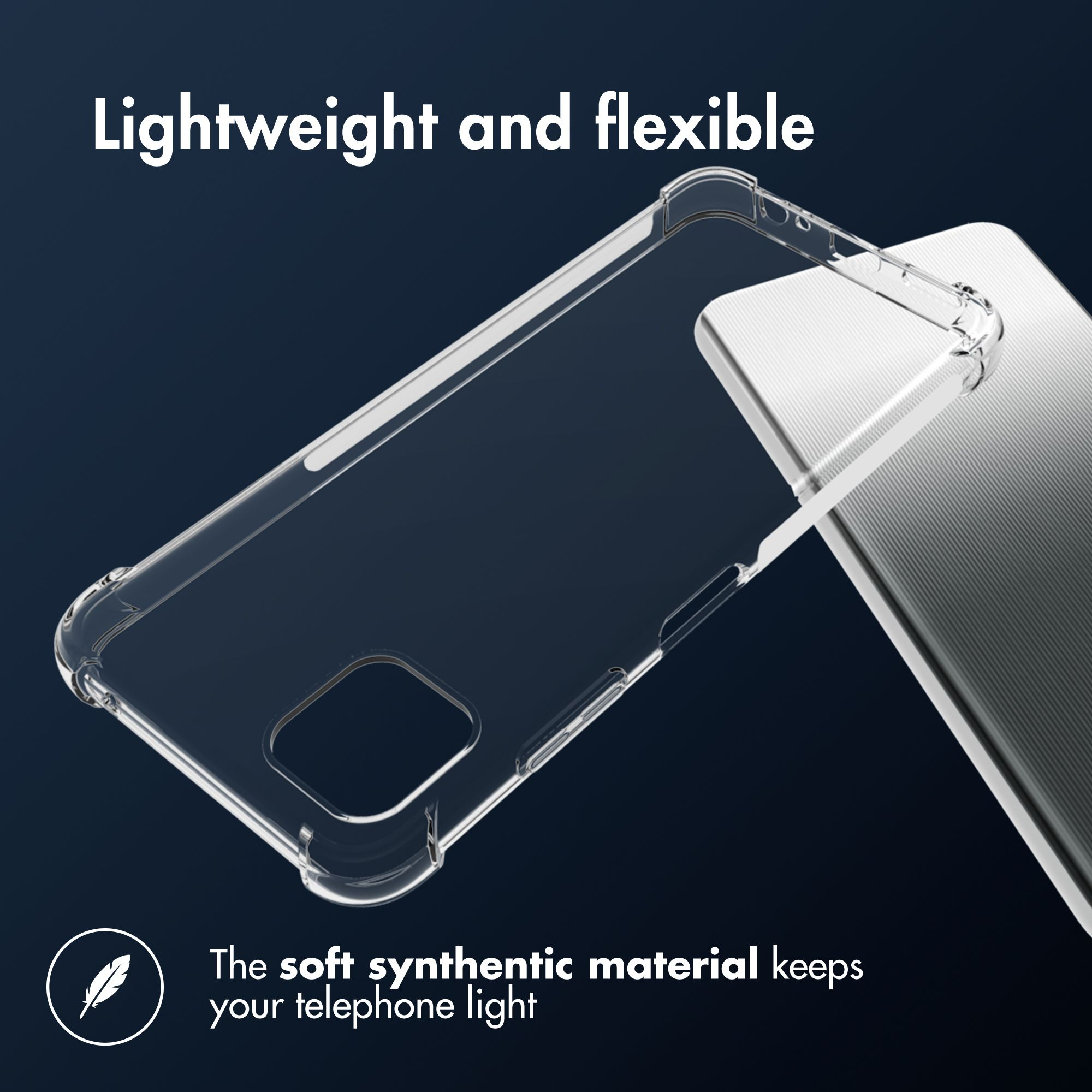 Coque de téléphone transparente sur un téléphone, avec du texte. La coque est légère et flexible.