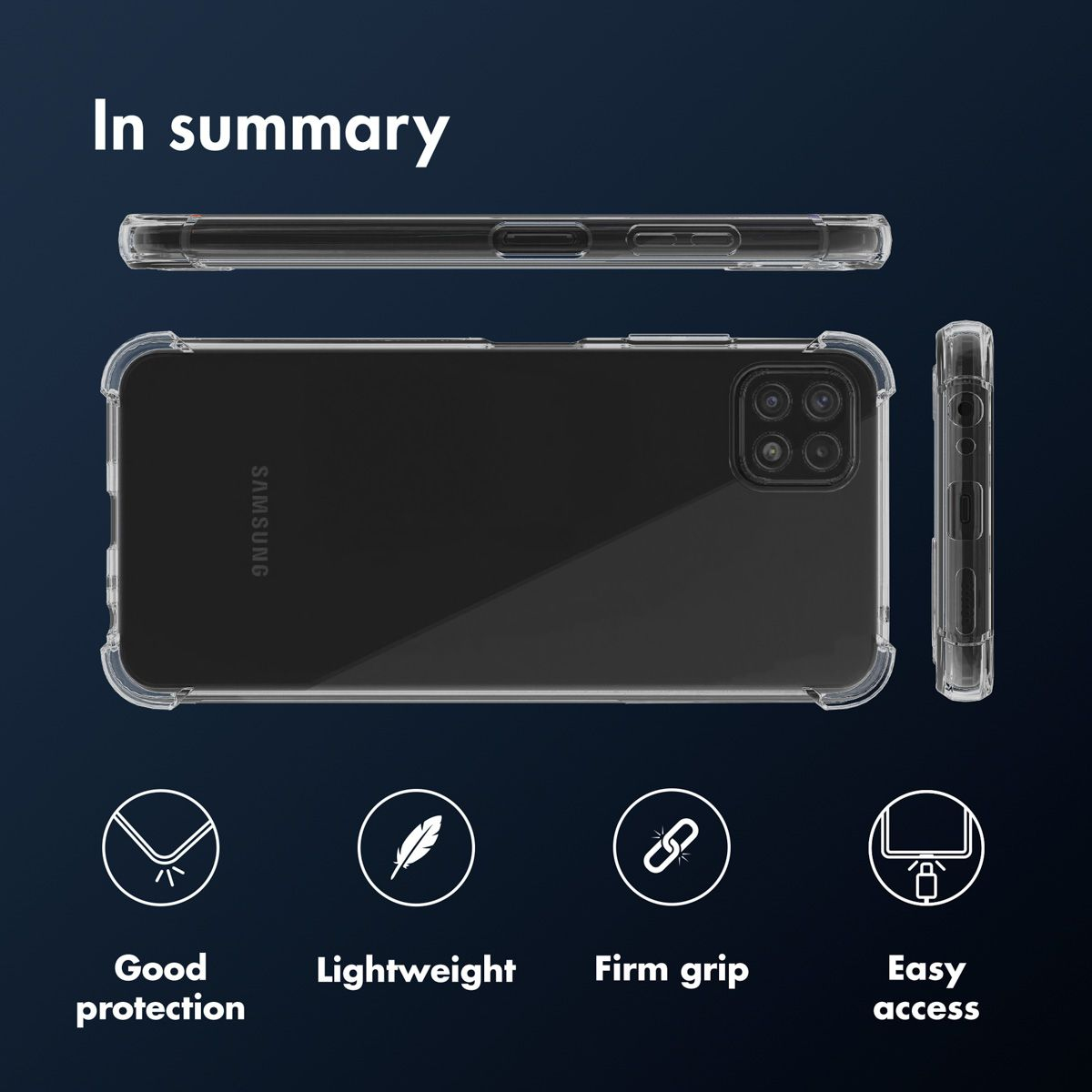 Coque transparente pour Samsung. Montre une bonne protection, légèreté, prise ferme et accès facile. Sur fond bleu foncé.