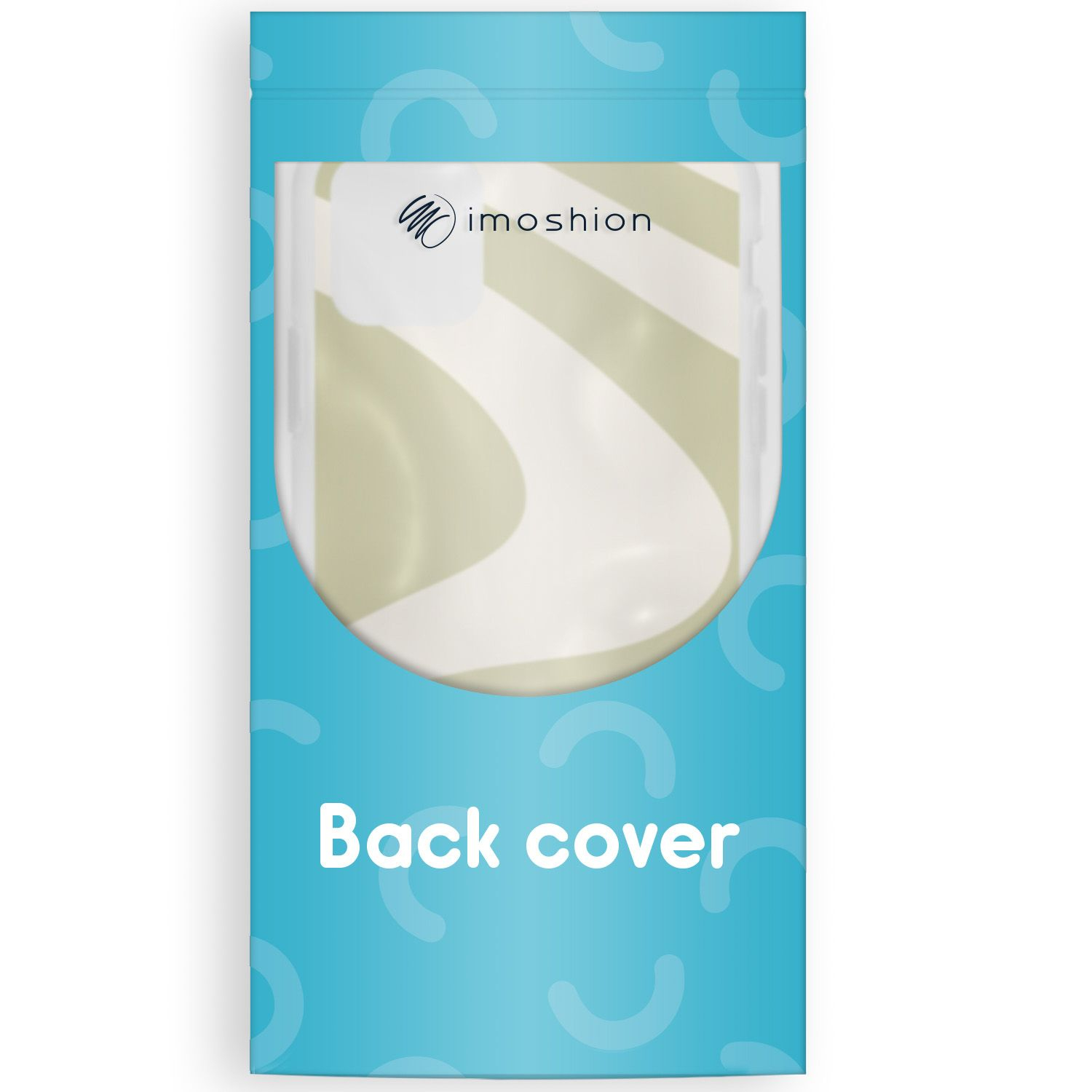 Eine blaue Verpackung mit dem Text 'Back cover'. Das Cover hat ein weißes und beiges Design und ein Logo mit der Aufschrift 'imoshion'.