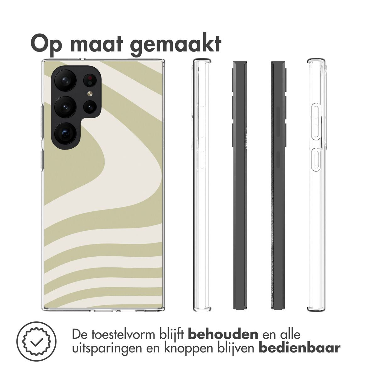 Handyhüllen-Mockups: wellenförmiges beiges Muster, transparente, schwarze und klare Hüllen. Text: 'Op maat gemaakt' und 'De toestel...bedienbaar'.