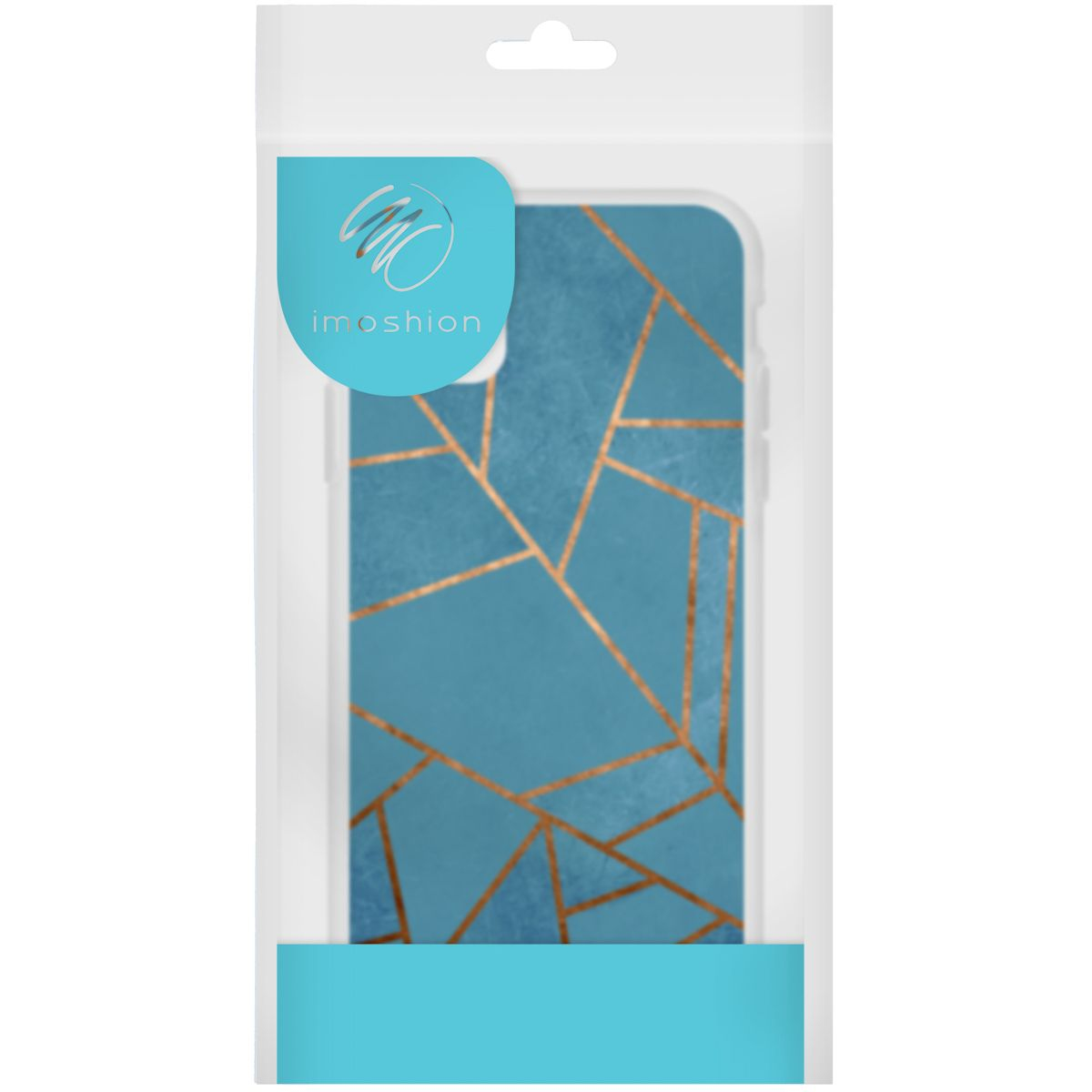Een telefoonhoesje in een plastic verpakking. De hoes is blauw met gouden lijnen. Het logo is 'imoshion'.