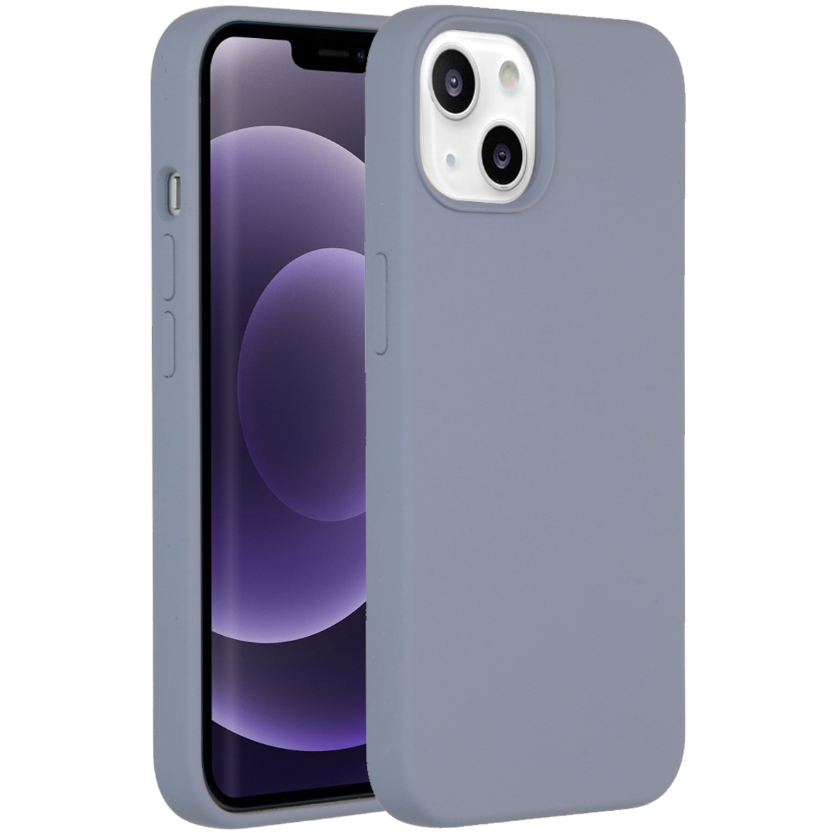Een smartphone in een lichtblauwe hoes. De telefoon is grotendeels bedekt, met een zichtbare camera. Het scherm toont een paarse gradiënt.