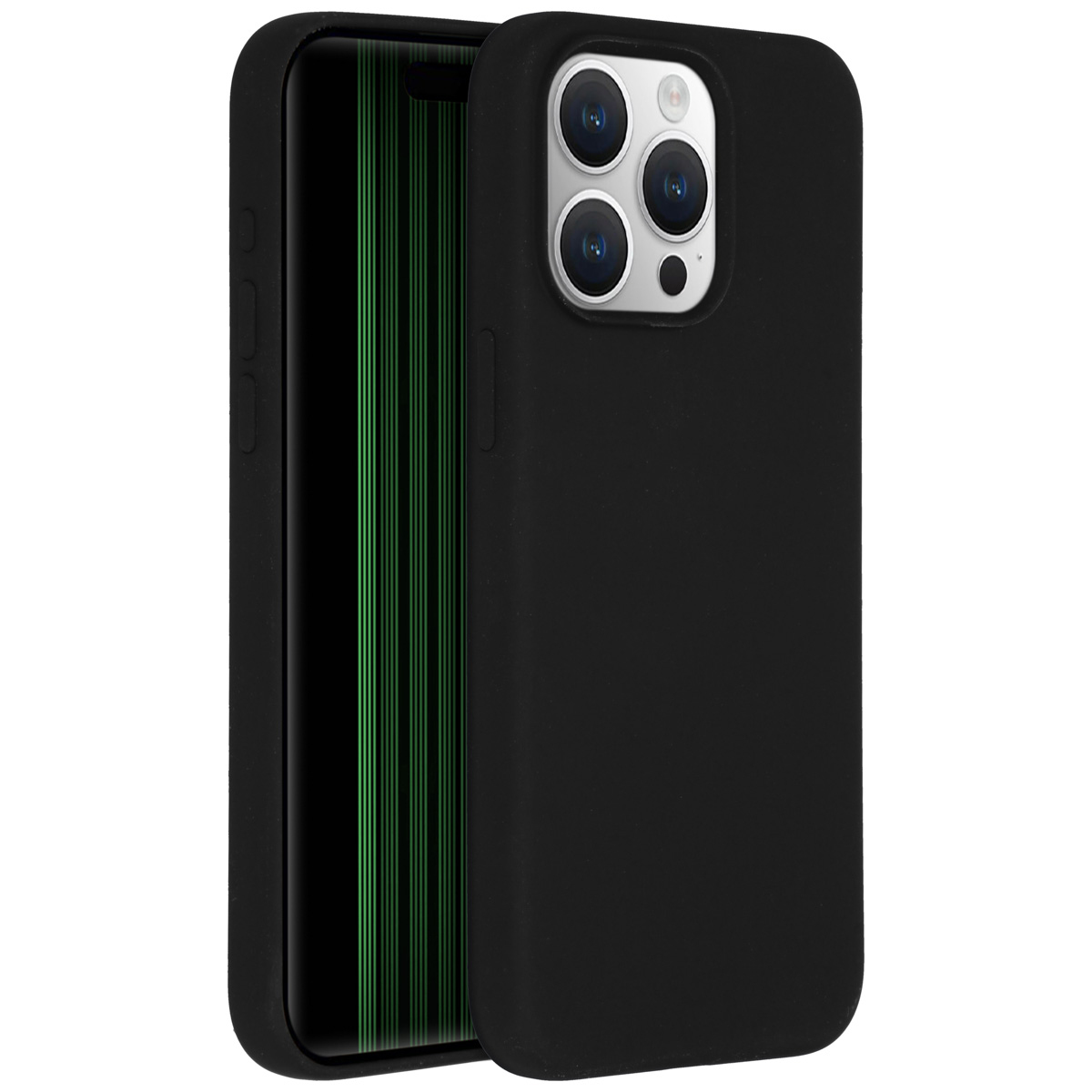 Coque de téléphone noire avec téléphone. L'écran affiche des lignes vertes. La coque a un module caméra.