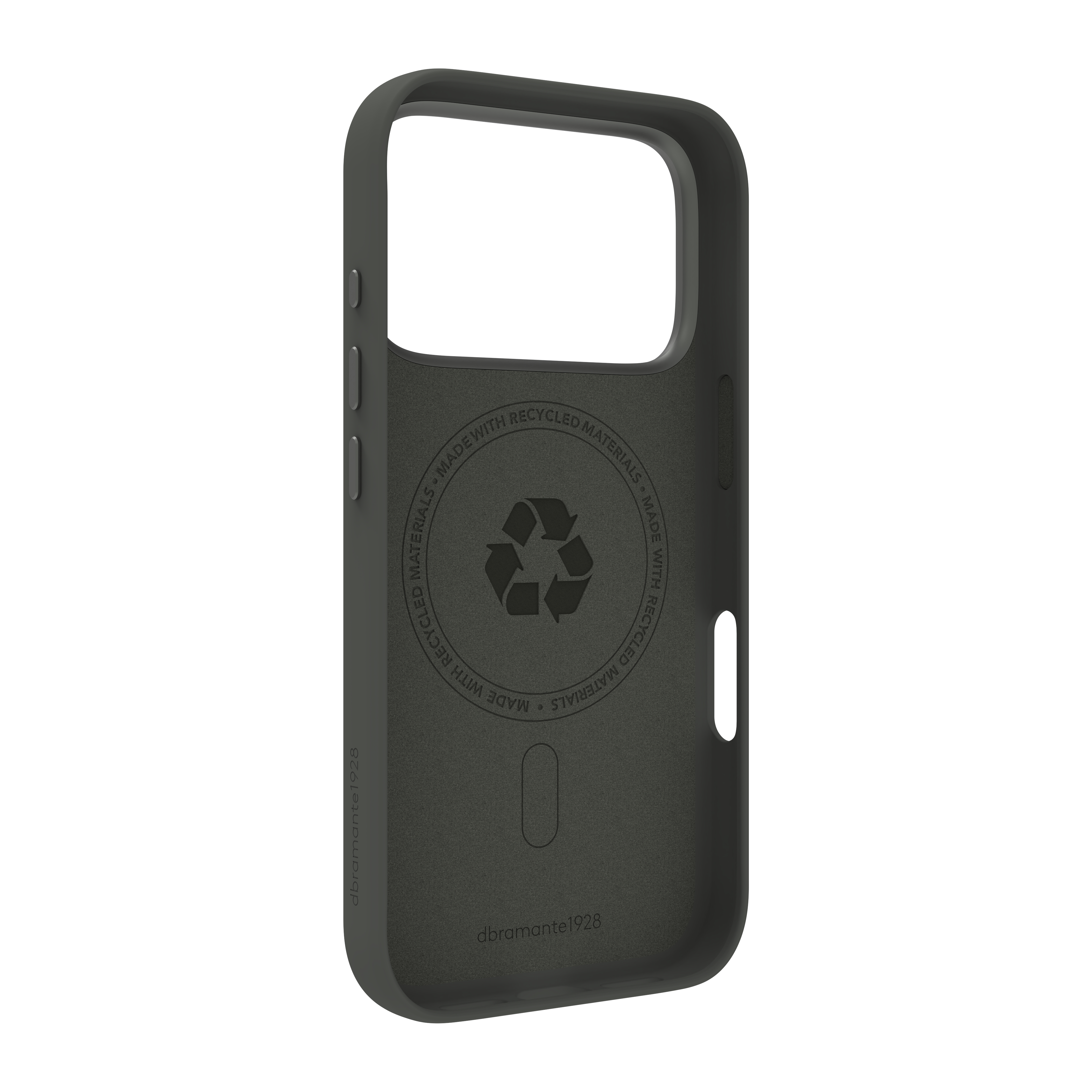Coque de téléphone gris foncé avec un centre ouvert. Elle porte l'inscription "Fabriqué avec des matériaux recyclés" et un symbole de recyclage.